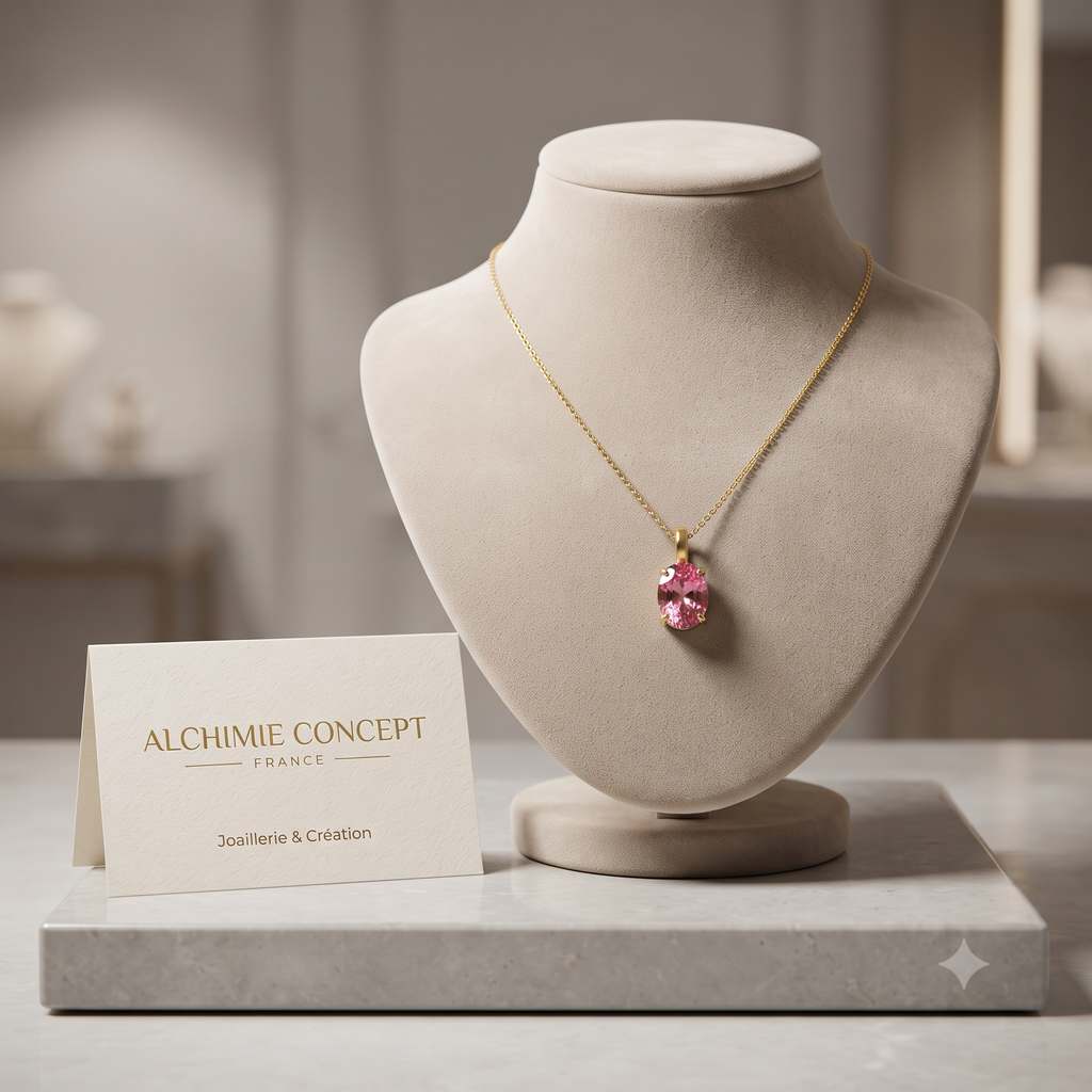 Collier Pendentif Solitaire Zirconium Rose Serti Doré – Plaqué Or 1 Micron