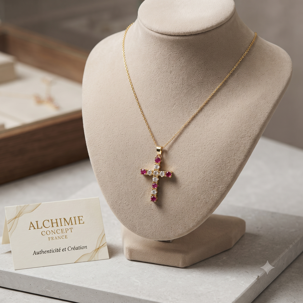 Collier Pendentif Croix Oxydes Zirconium Rouge & Blanc Doré – Plaqué Or 1 Micron