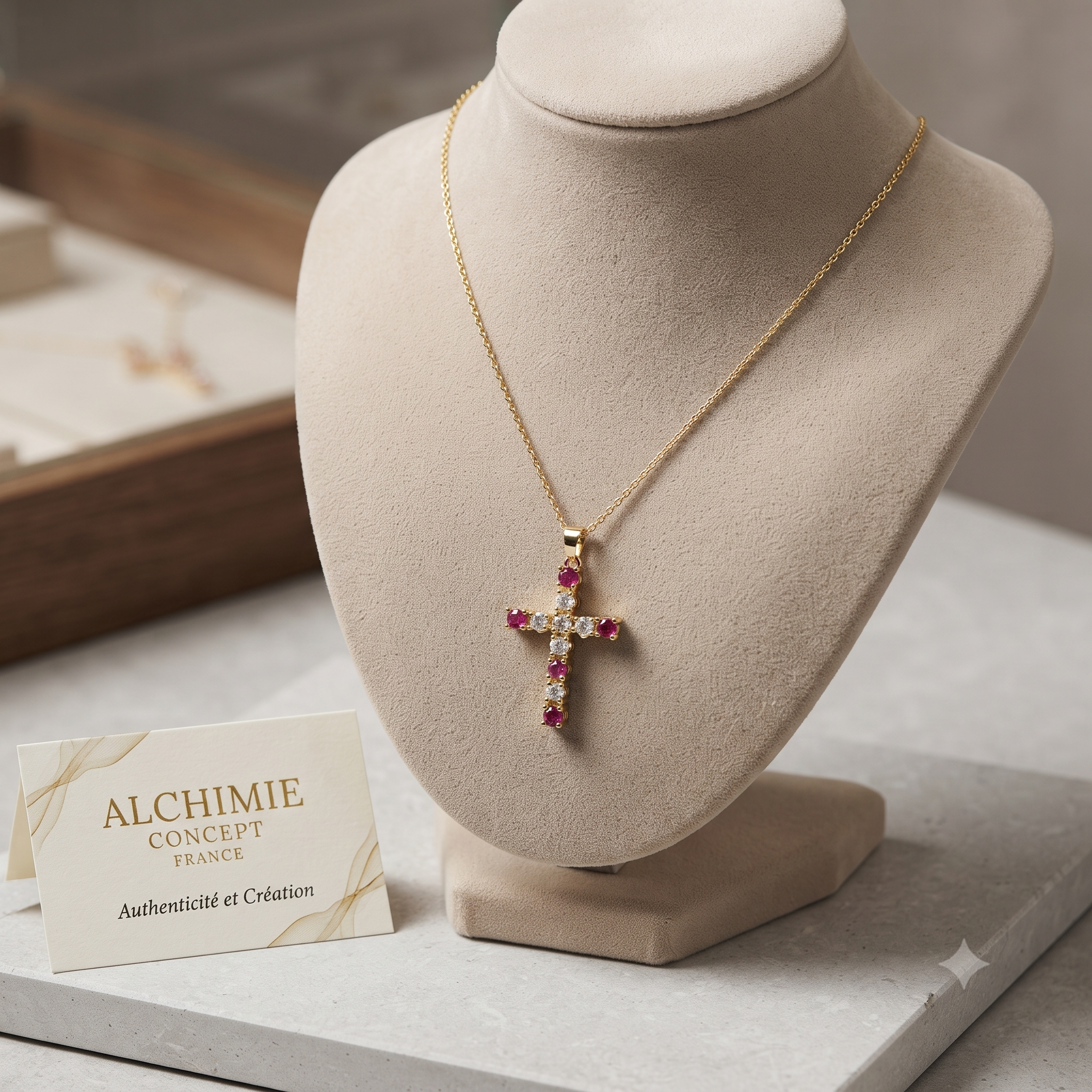 Collier Pendentif Croix Oxydes Zirconium Rouge & Blanc Doré – Plaqué Or 1 Micron
