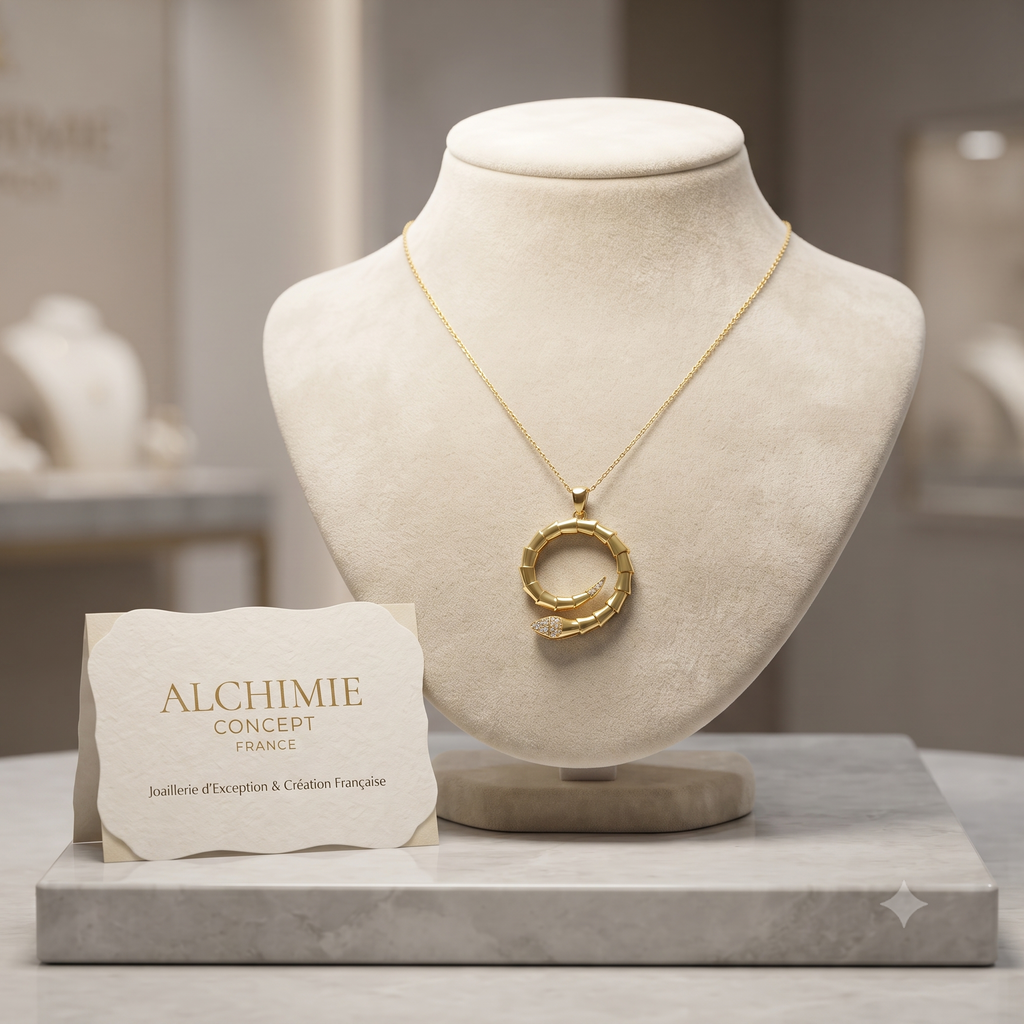 Collier Pendentif Serpent Zirconiums Blancs Sertis Doré – Plaqué Or 1 Micron | Bijou Femme