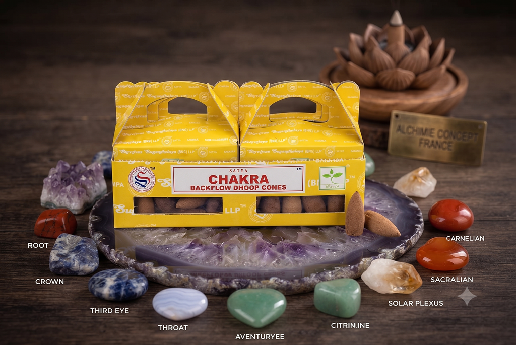* Cônes Backflow Satya 7 Chakras – Lot de 6 Boîtes x 24 Cônes | Encens à Reflux Naturels