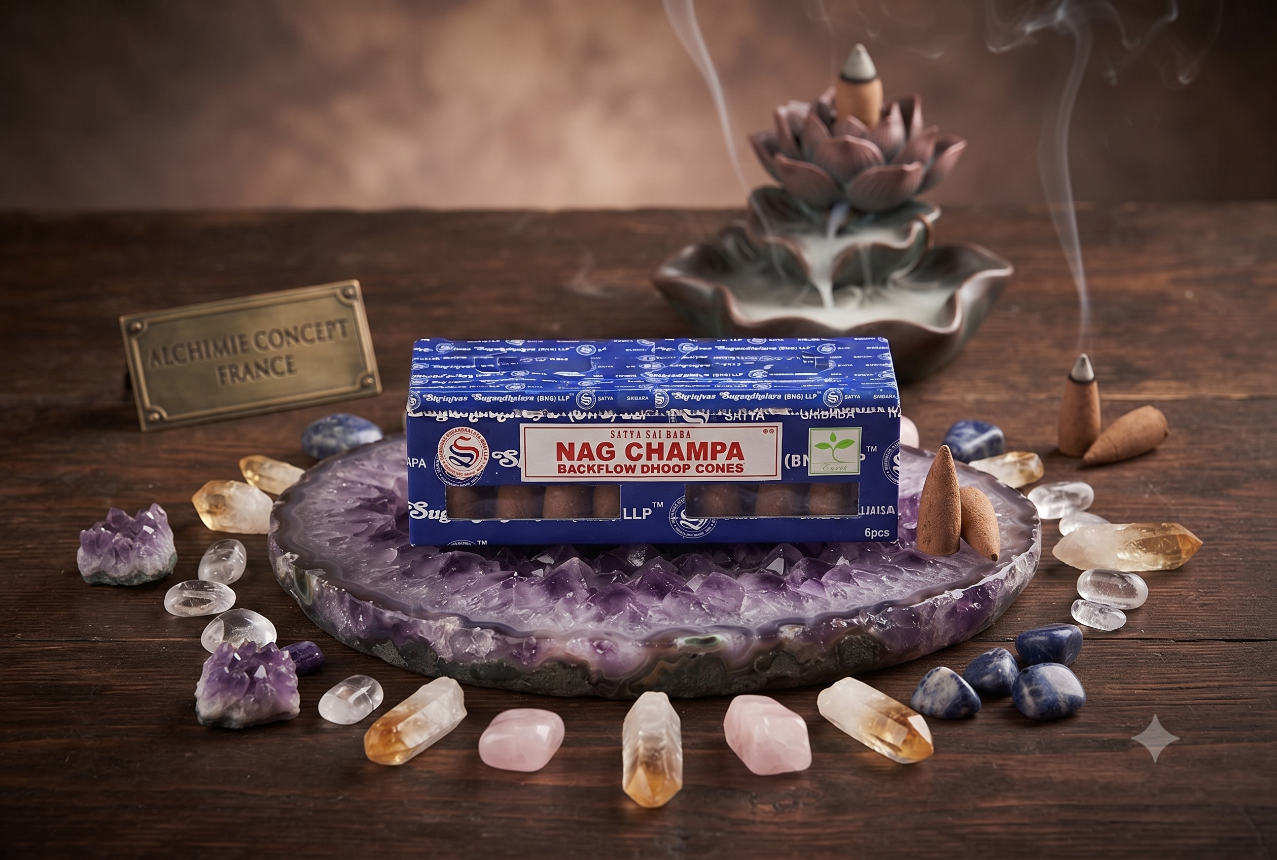 * Cônes Backflow Satya Nag Champa – Lot de 6 Boîtes x 24 Cônes | Encens Sacré Santal Champaca