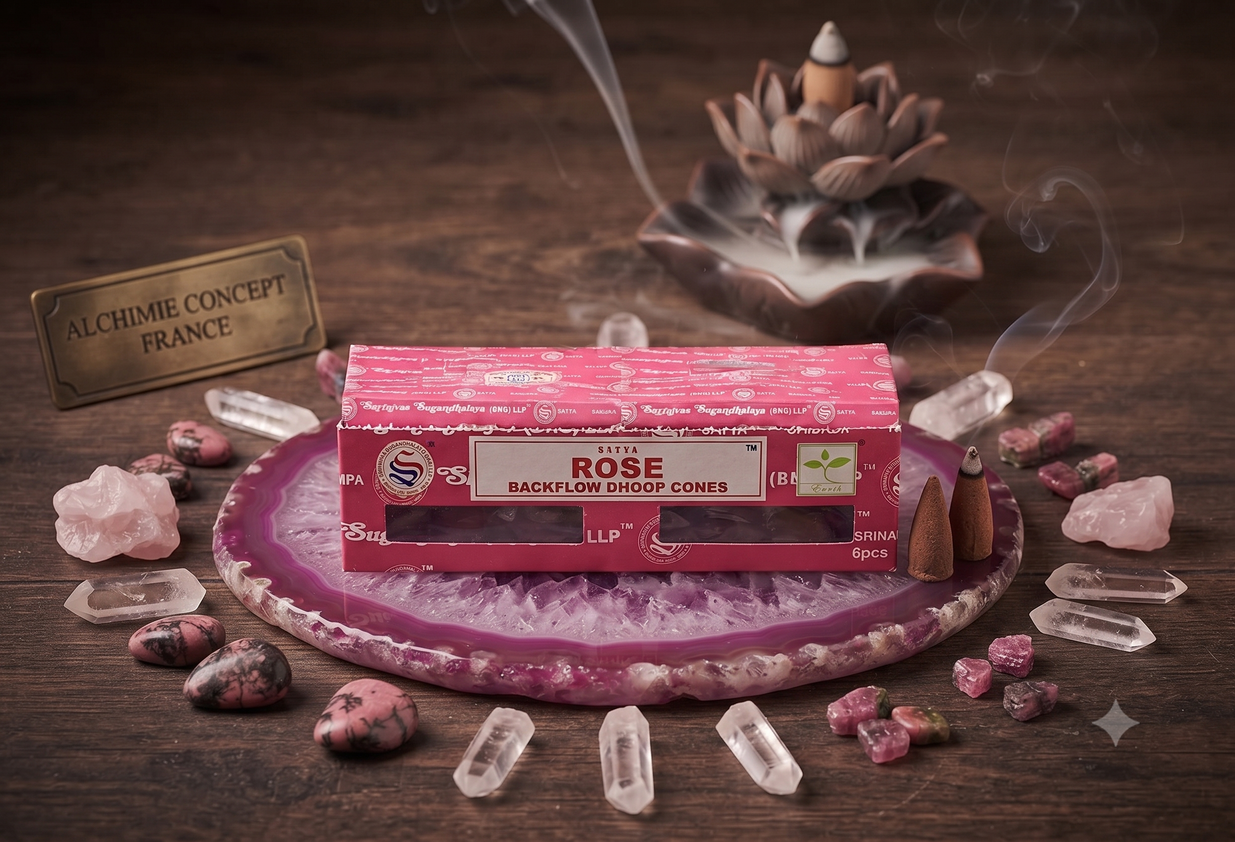 * Cônes Backflow Satya Rose – Lot de 6 Boîtes x 24 Cônes | Encens Floral Naturel Chakra Cœur