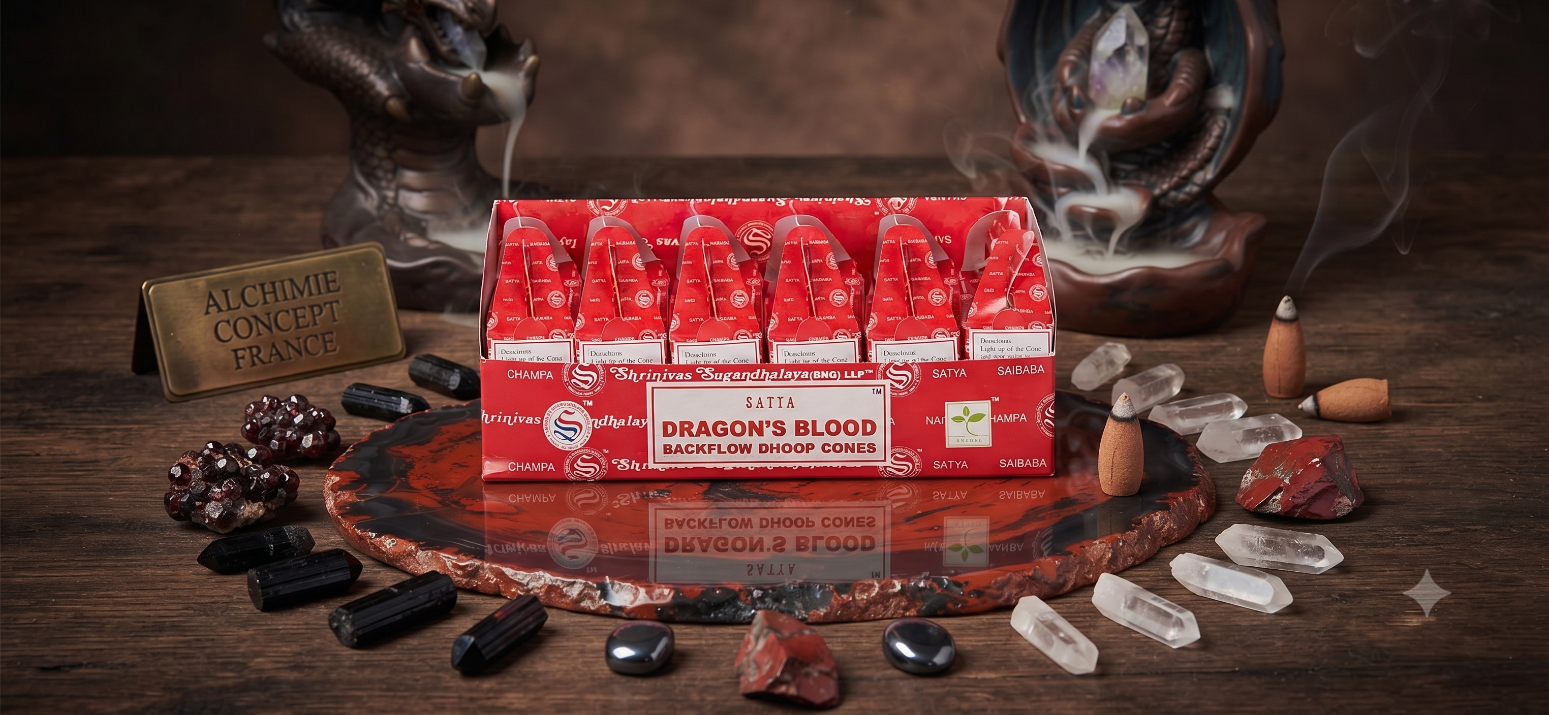* Cônes Backflow Satya Sang de Dragon – Lot de 6 Boîtes x 24 Cônes | Encens Résine Naturelle