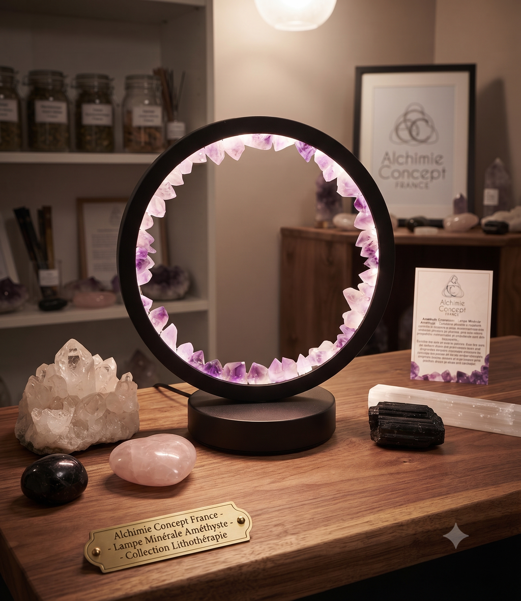 ✨ Lampe d'Ambiance Améthyste Naturelle 21cm – Tactile USB-C & Lumière Cristaux