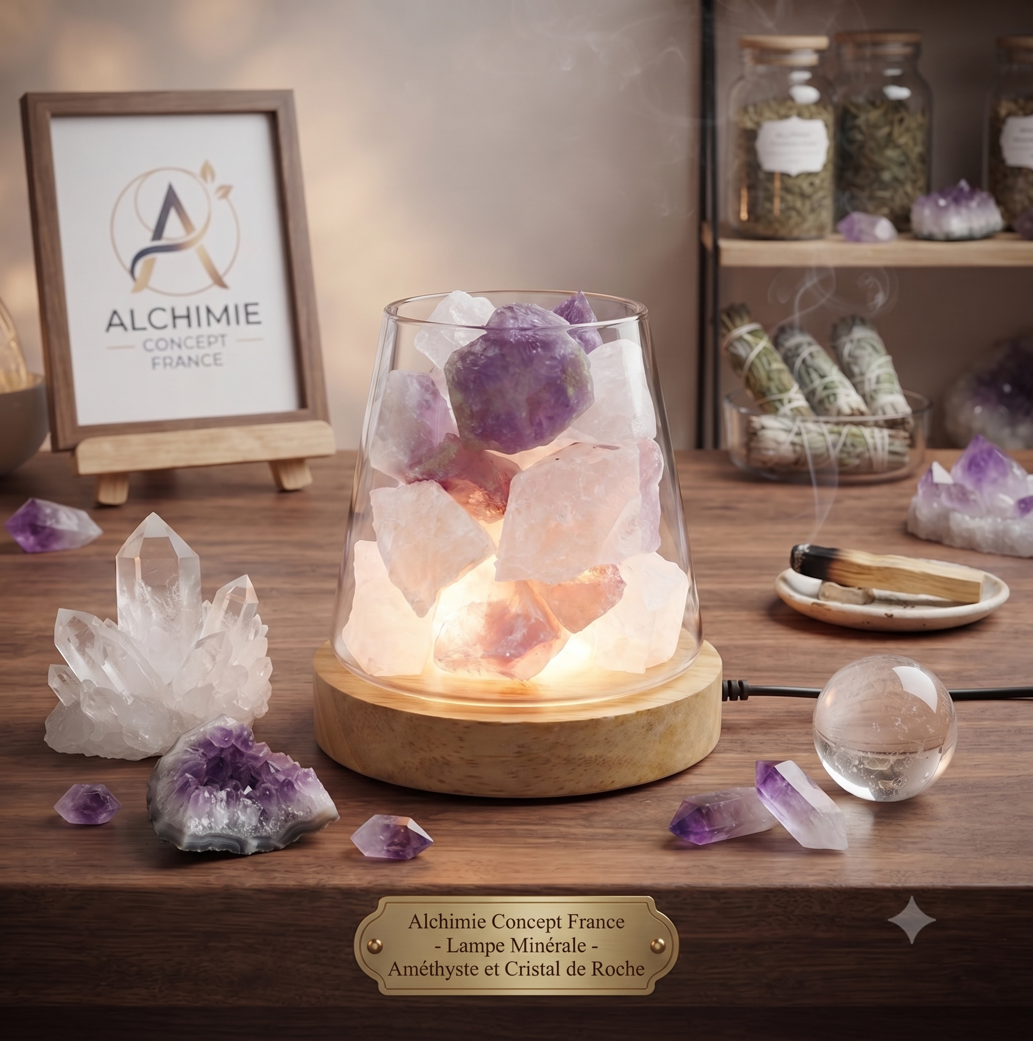 ✨ Lampe Diffuseur Améthyste & Cristal de Roche 10cm – Sérénité & Aromathérapie Naturelle
