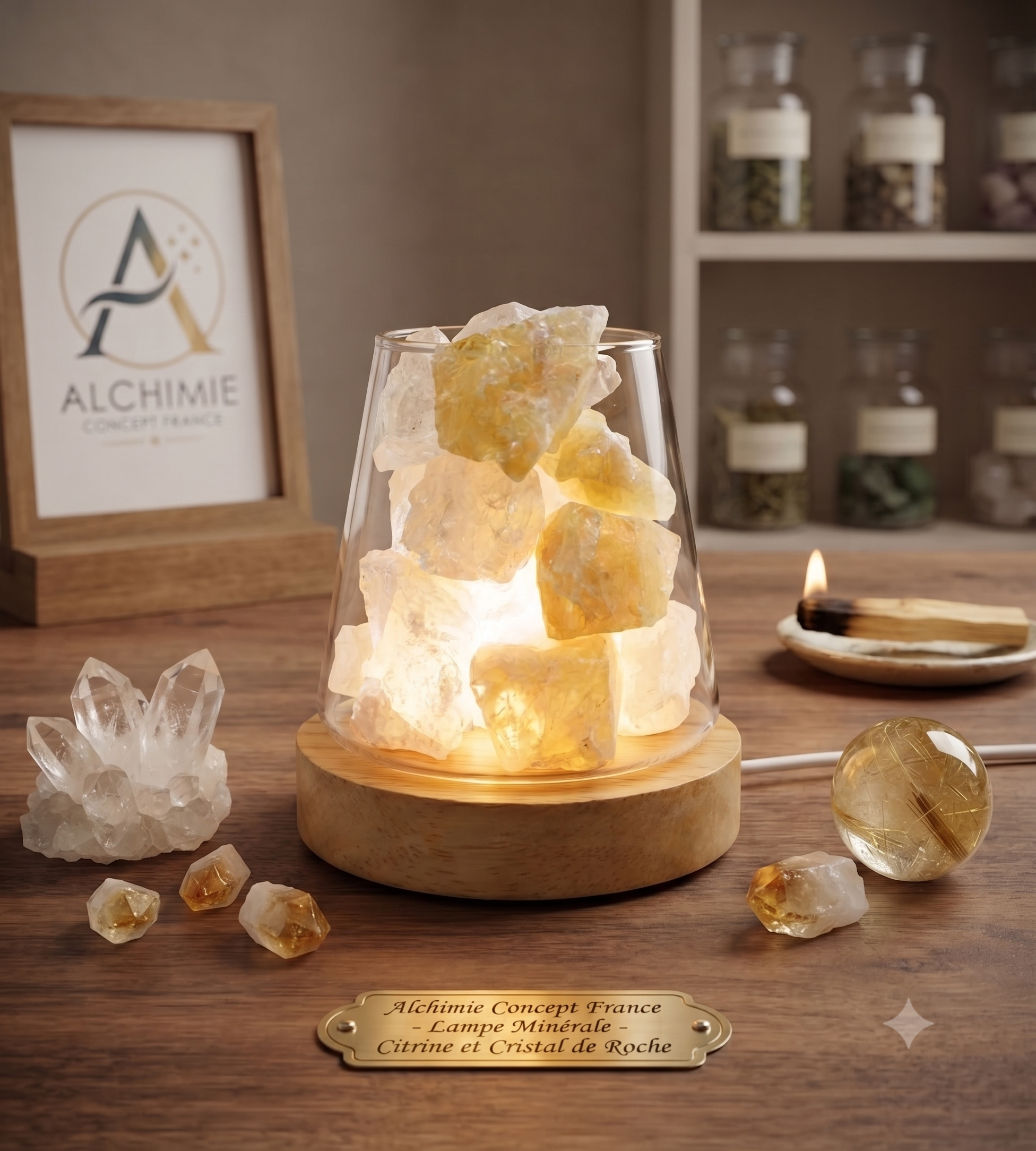 ✨ Lampe Diffuseur Cristal de Roche & Citrine 10cm – Aromathérapie & Lumière Minérale
