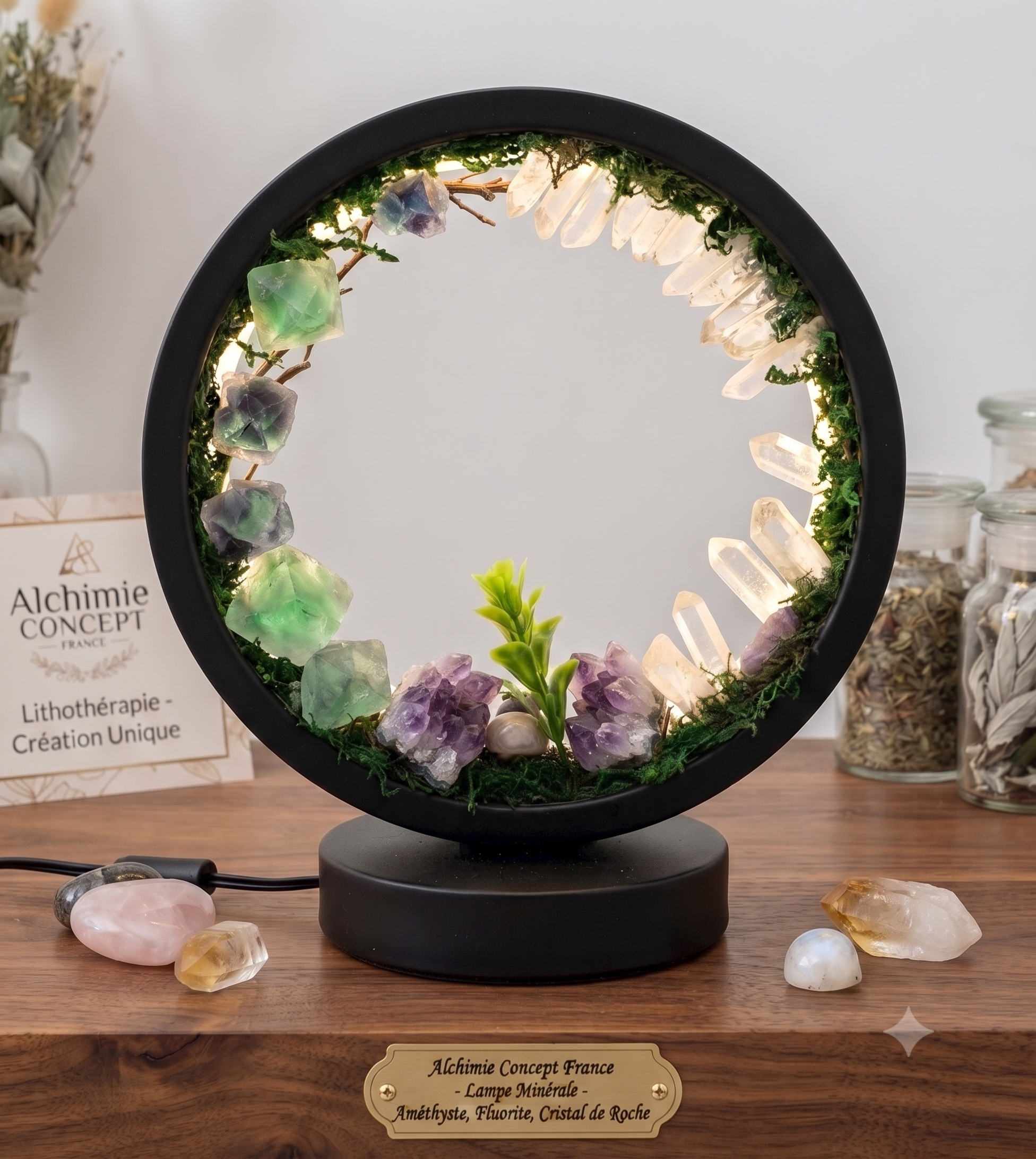 ✨ Lampe d'Ambiance Écosystème 21cm – Trio Améthyste, Fluorite & Cristal de Roche