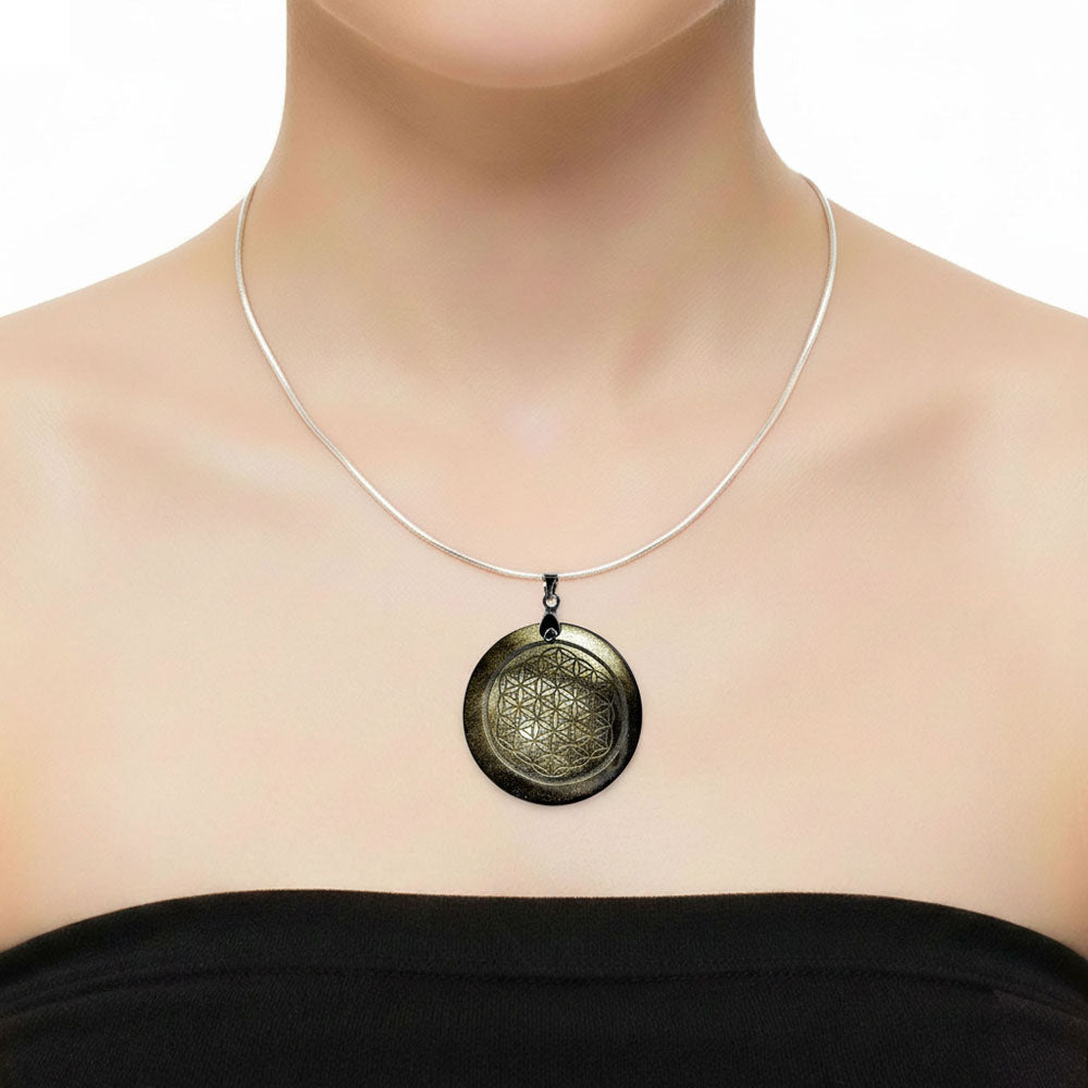 Pendentif Obsidienne Dorée Fleur de Vie - Rond | Pierre Protectrice
