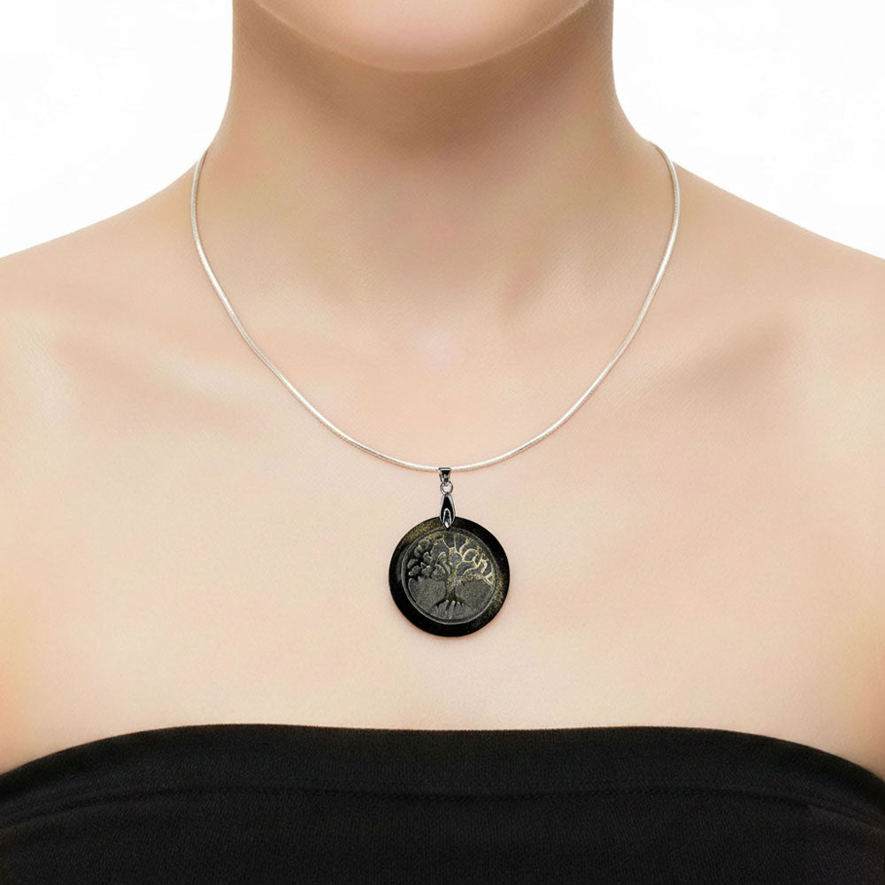 Pendentif Obsidienne Dorée Arbre de Vie - Rond | Équilibre & Sagesse