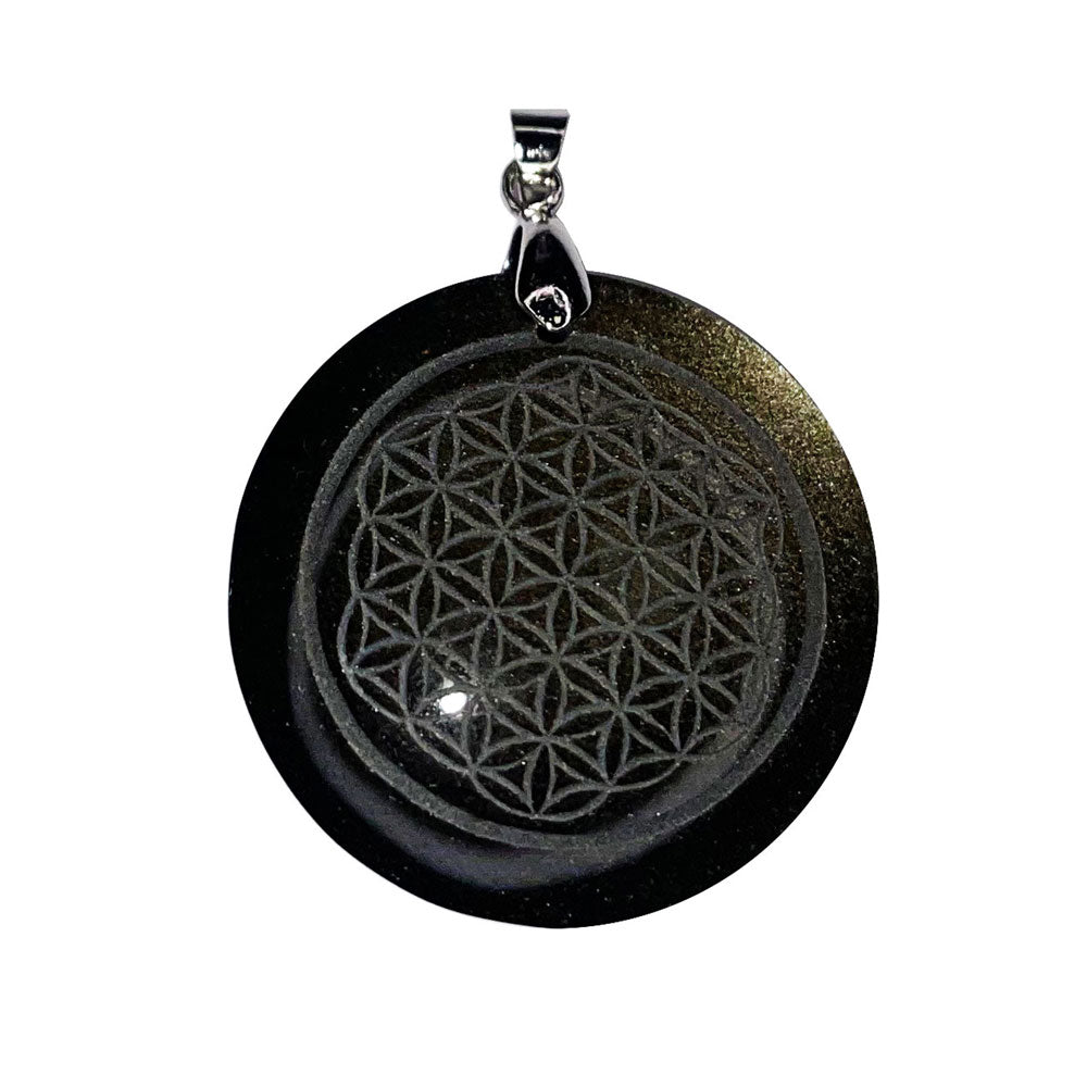 Pendentif Obsidienne Dorée Fleur de Vie - Rond | Pierre Protectrice