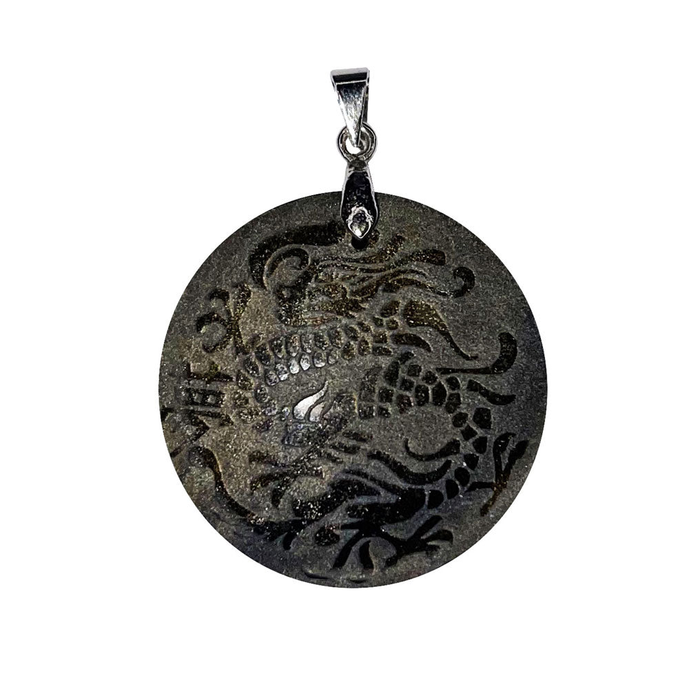 Pendentif Obsidienne Dorée Dragon - Rond | Clairvoyance & Protection