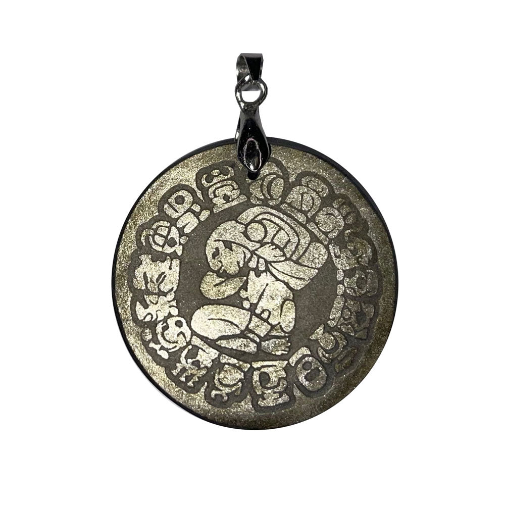 Pendentif Obsidienne Dorée Calendrier Maya - Rond | Harmonie & Vitalité