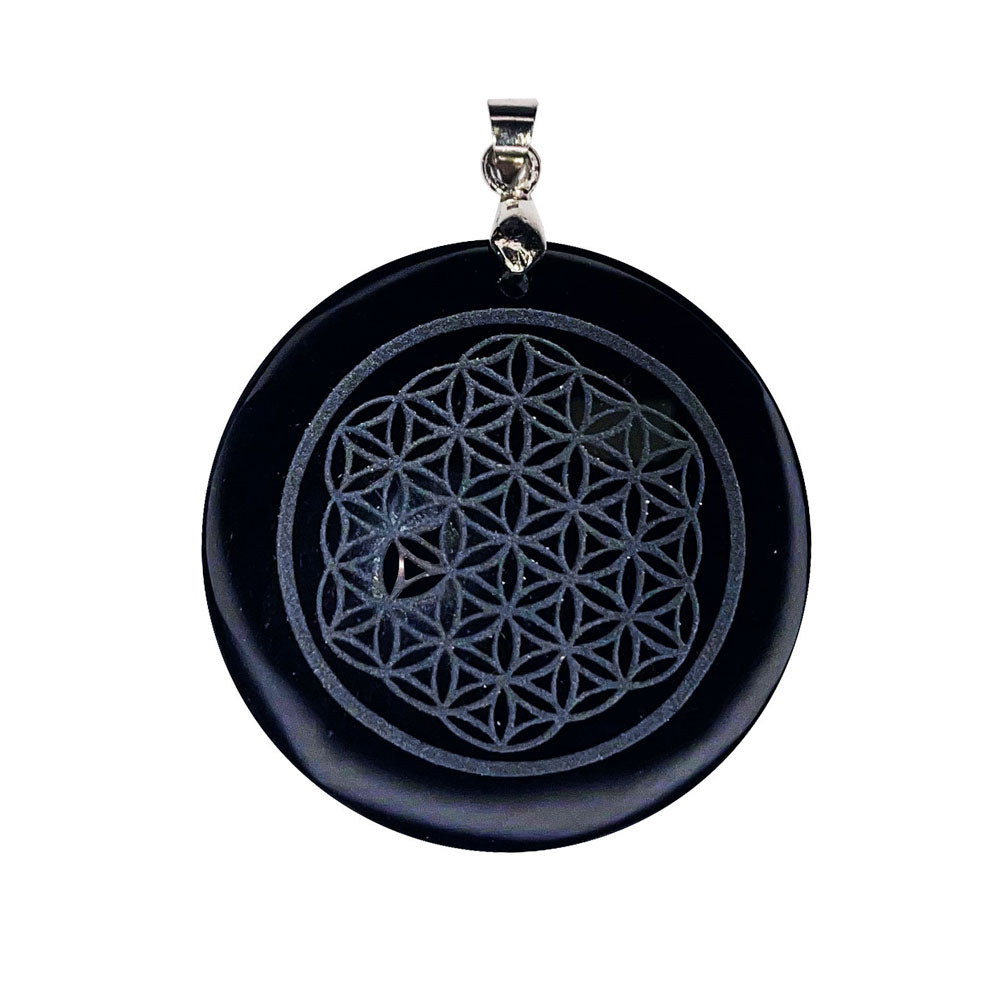 Pendentif Obsidienne Noire Fleur de Vie - Rond | Bouclier Énergétique