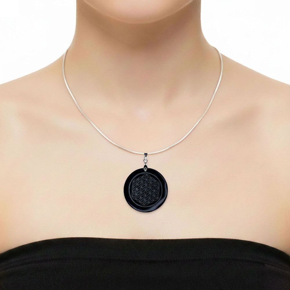 Pendentif Obsidienne Noire Fleur de Vie - Rond | Bouclier Énergétique