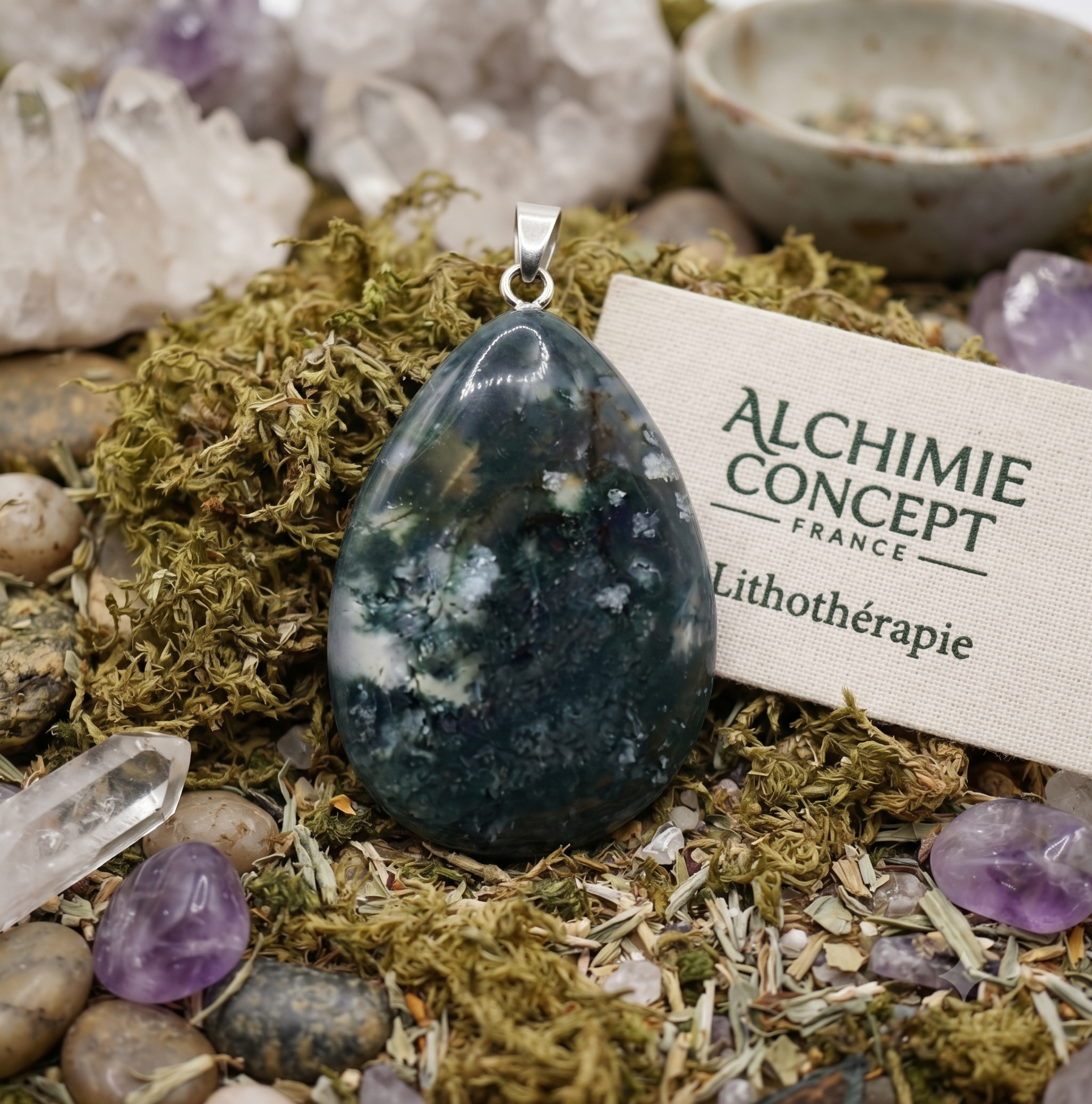 ✨ Pendentif Larme Agate Mousse 3cm – Pierre Naturelle Croissance & Connexion à la Nature