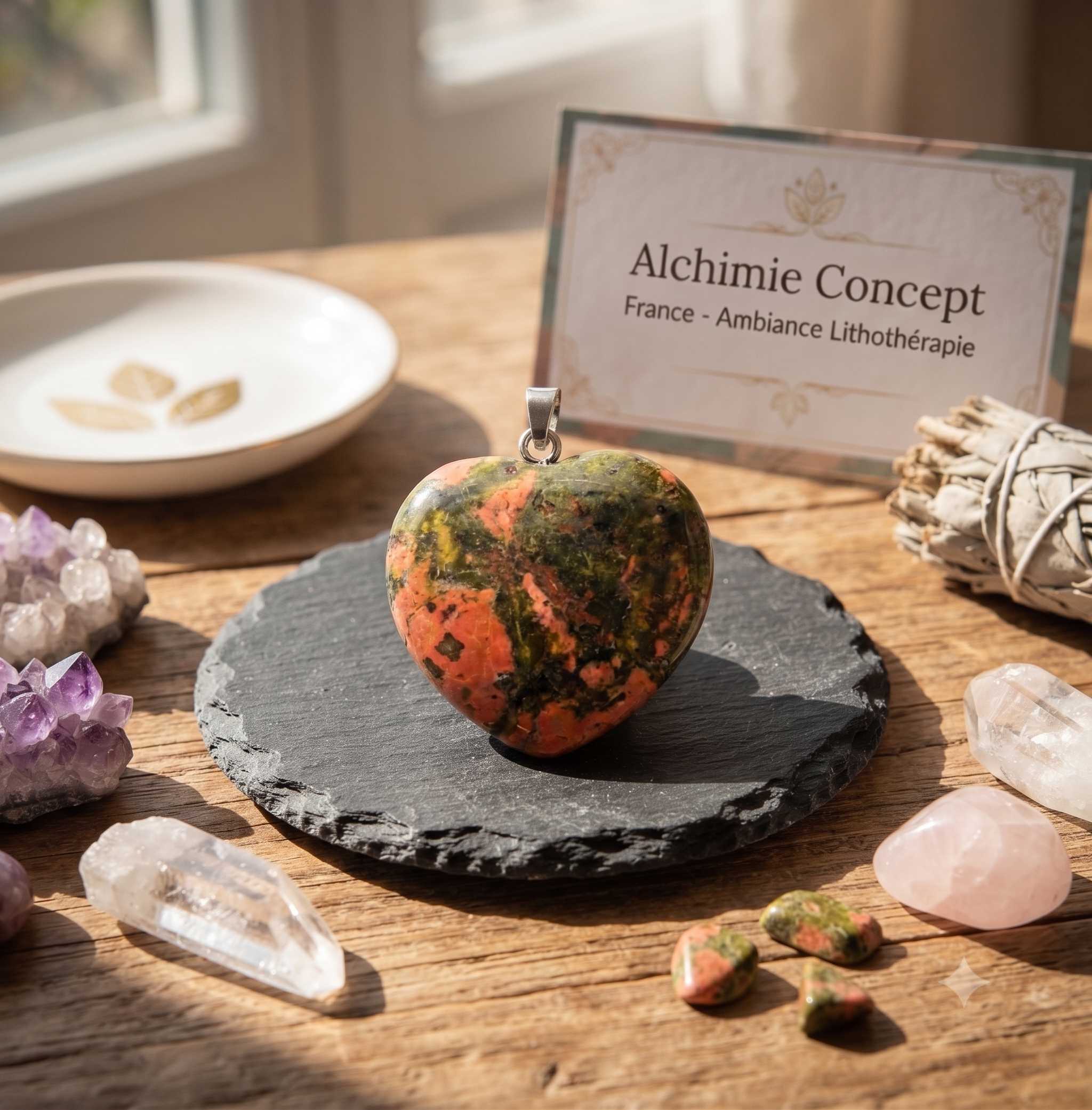✨ Pendentif Coeur Unakite 2.5cm – Pierre Naturelle Équilibre & Croissance Intérieure