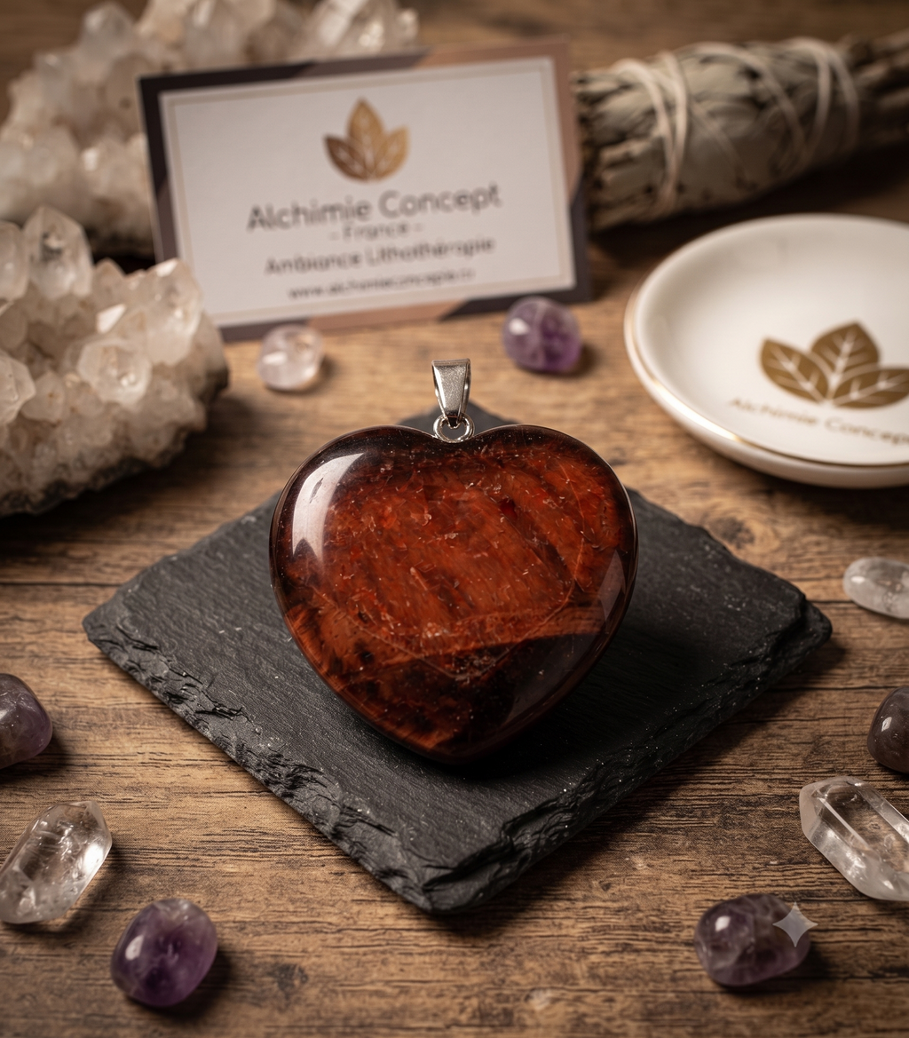 ✨ Pendentif Coeur Œil de Taureau 2.5cm – Pierre Naturelle Ancrage & Sérénité