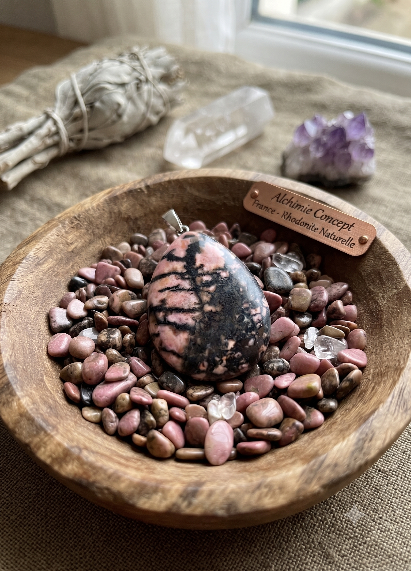Pendentif Larme Rhodonite — 3 cm | Amour, Pardon & Guérison Émotionnelle