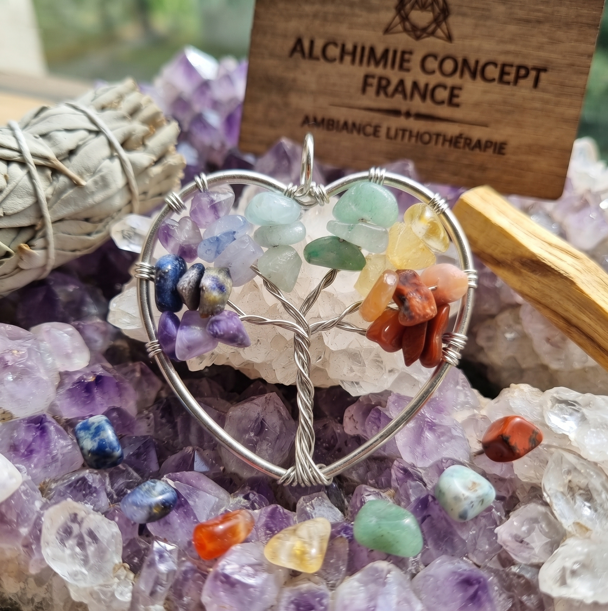 ✨ Pendentif Arbre de Vie 7 Chakras Cœur 3cm – Plaqué Argent | Amour & Équilibre