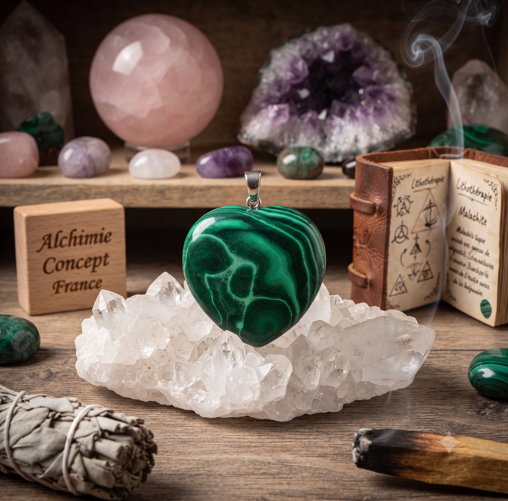 ✨ Pendentif Coeur Malachite 3cm – Pierre Naturelle Transformation & Protection du Cœur