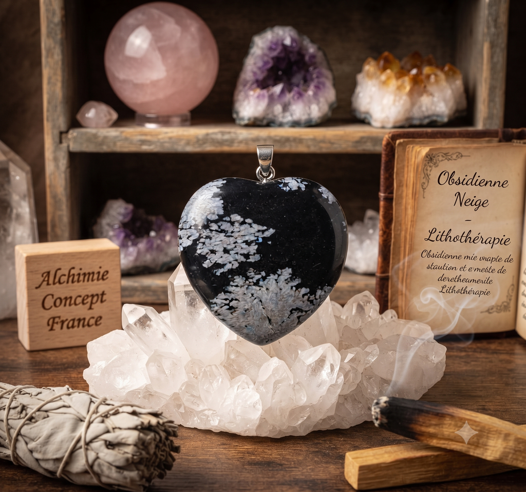 ✨ Pendentif Coeur Obsidienne Neige 2.5cm – Pierre Volcanique Douceur & Purification