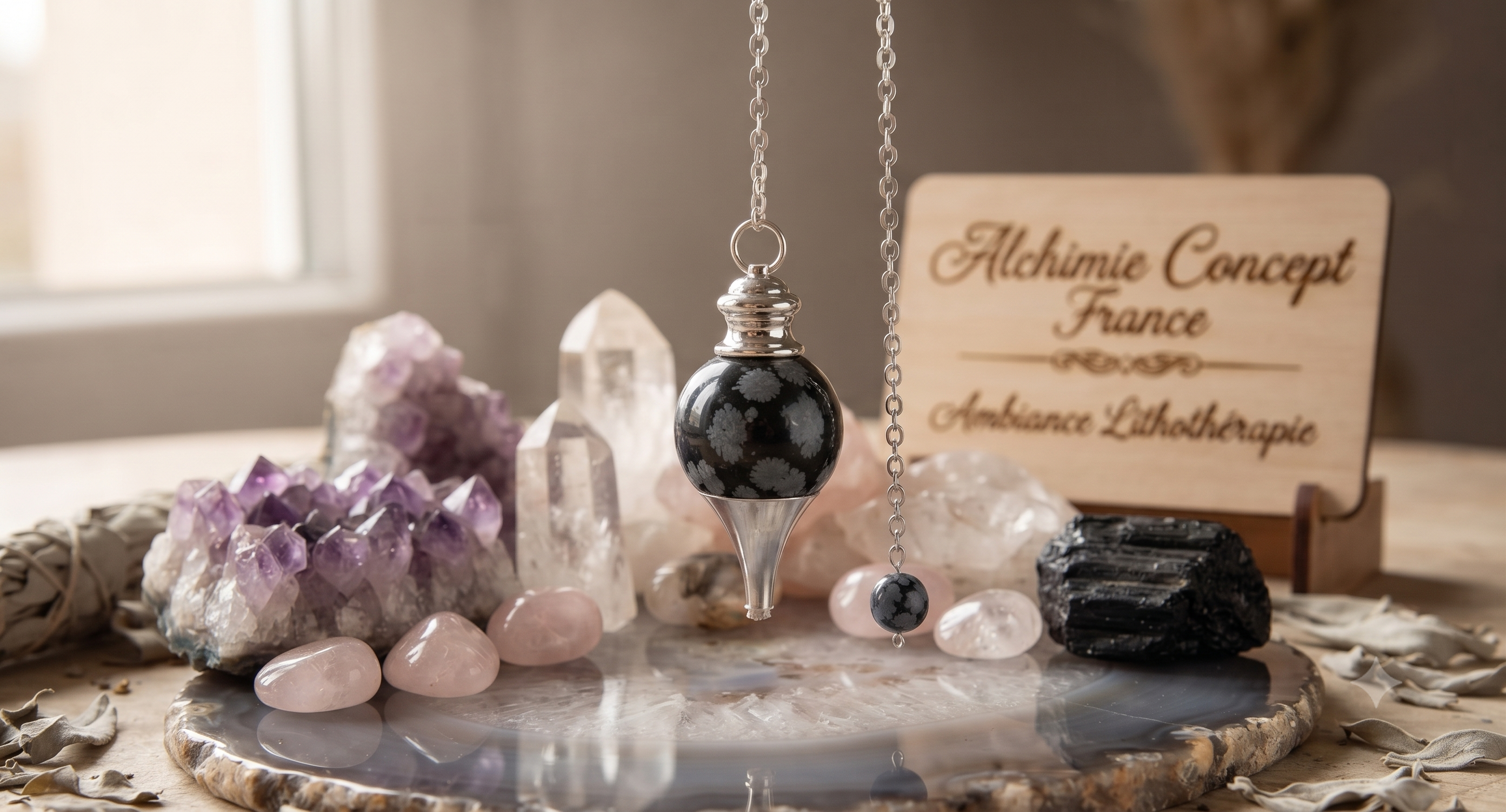 ✨Pendule Sphère Obsidienne Neige 4cm – Pierre Naturelle Certifiée | Radiesthésie & Lithothérapie