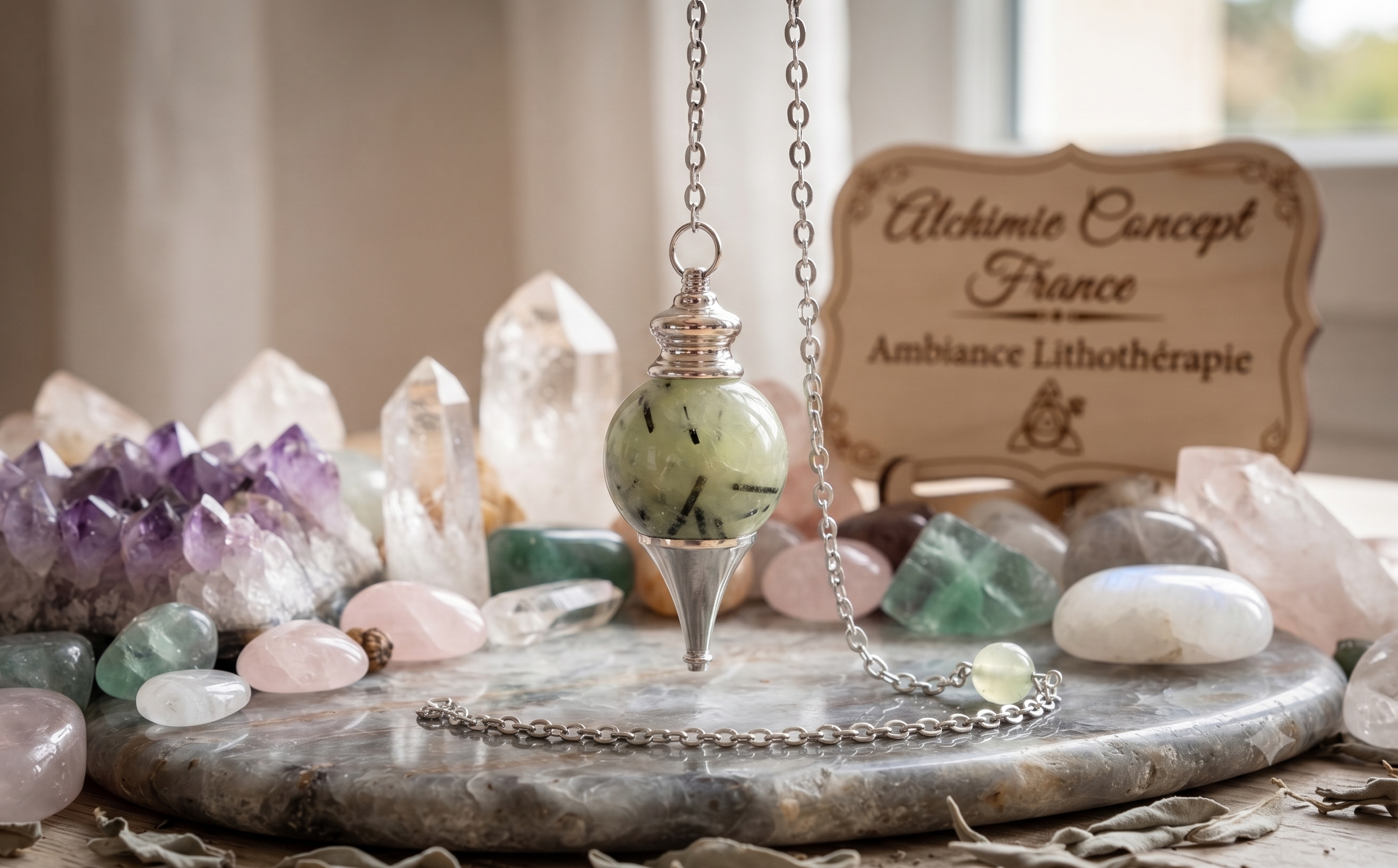 ✨ Pendule Sphère Préhnite 4cm – Pierre Naturelle Certifiée | Radiesthésie & Lithothérapie