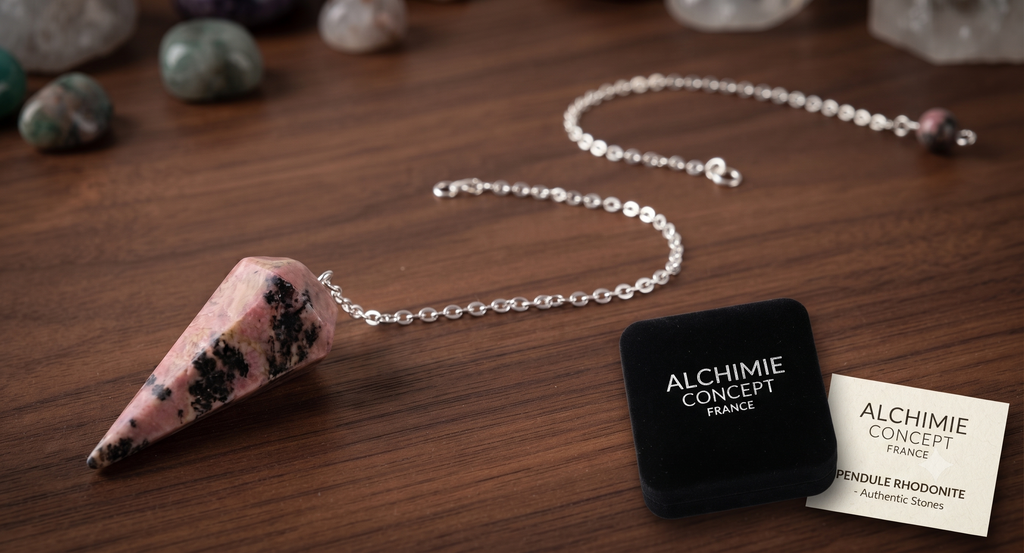 ✨ Pendule Divinatoire Conique Rhodonite 3,5 cm – Radiesthésie & Guérison du Cœur