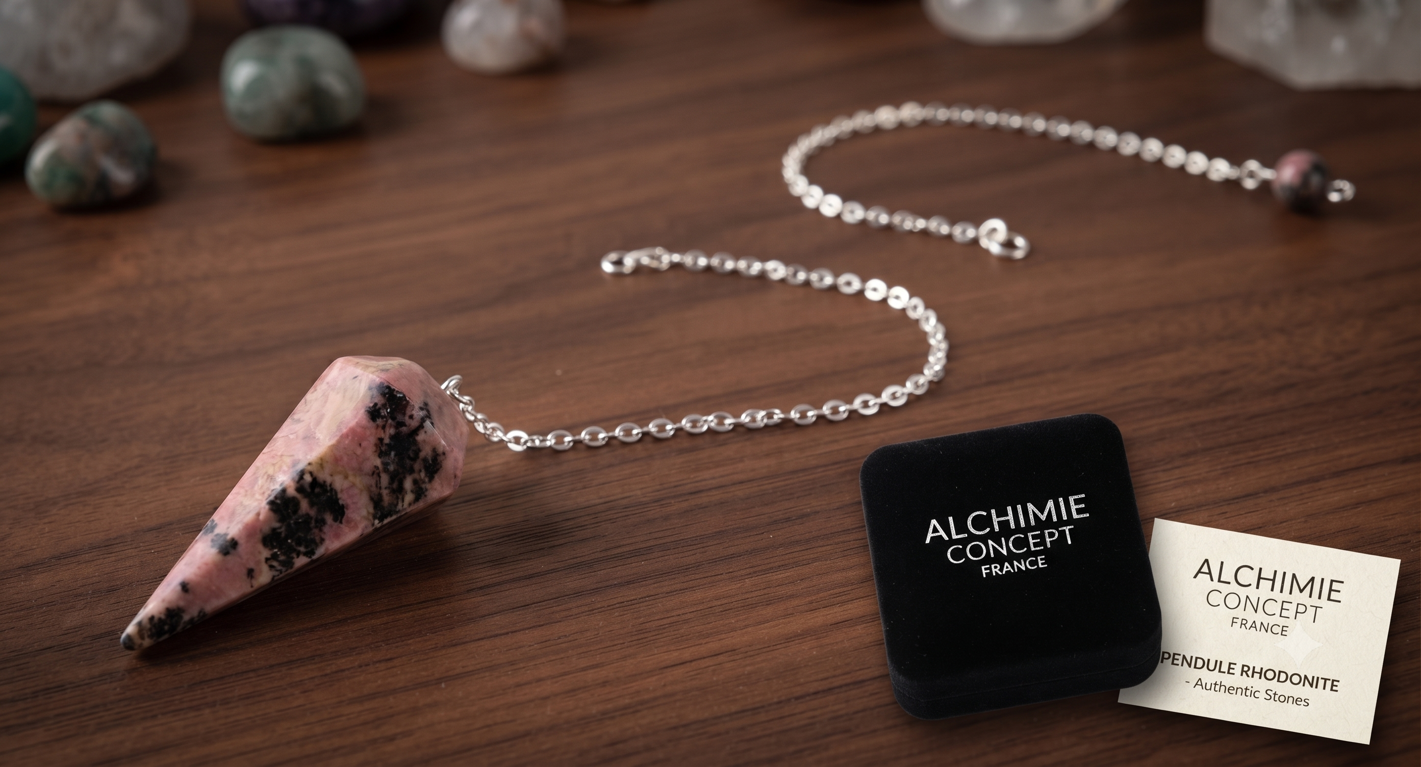 ✨ Pendule Divinatoire Conique Rhodonite 3,5 cm – Radiesthésie & Guérison du Cœur