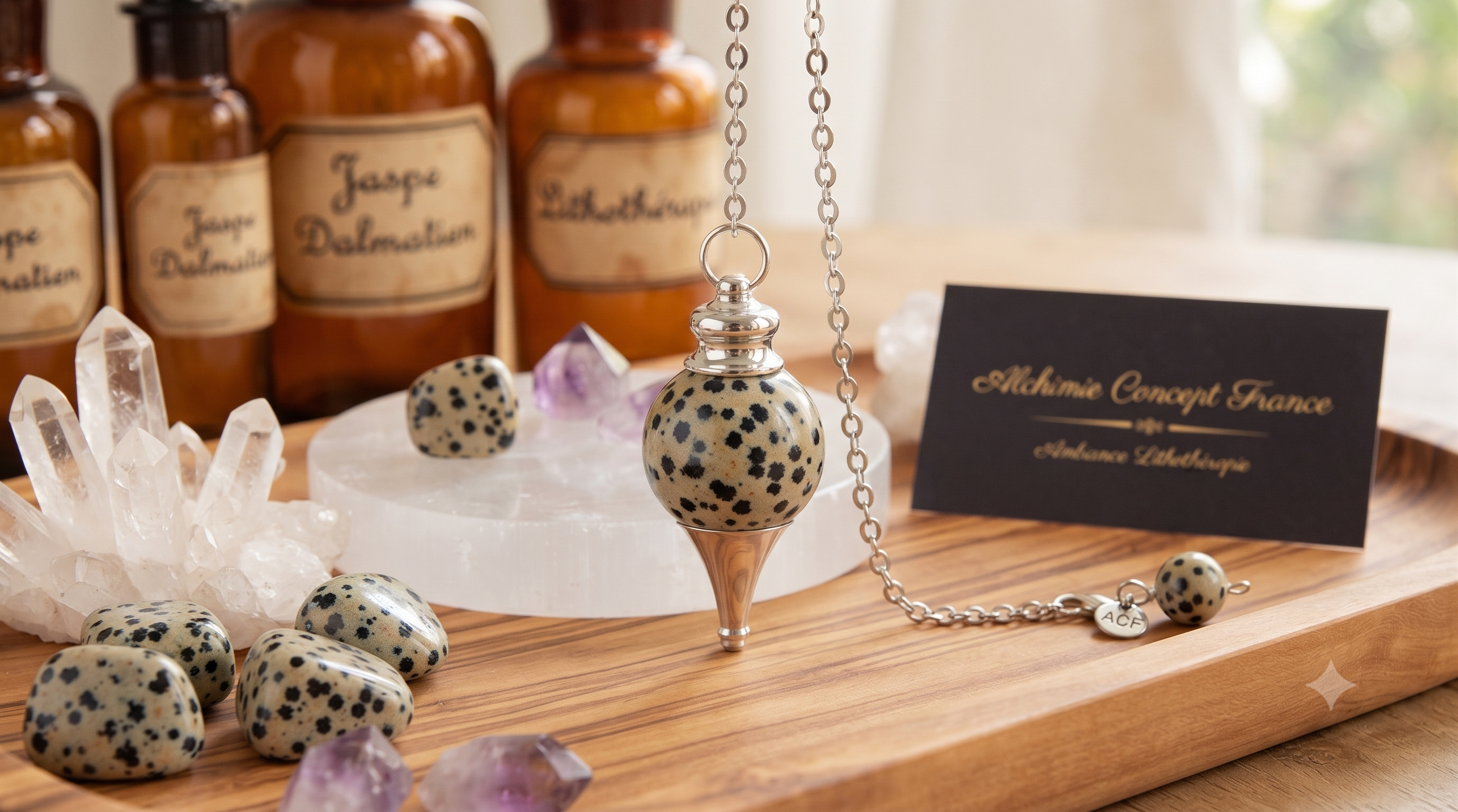 ✨ Pendule Sphère Jaspe Dalmatien 4cm – Pierre Naturelle Certifiée | Radiesthésie & Lithothérapie