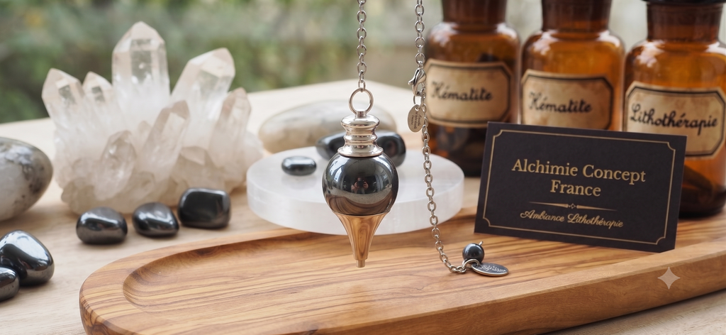 ✨ Pendule Sphère Hématite 4cm – Pierre Naturelle Certifiée | Radiesthésie & Lithothérapie