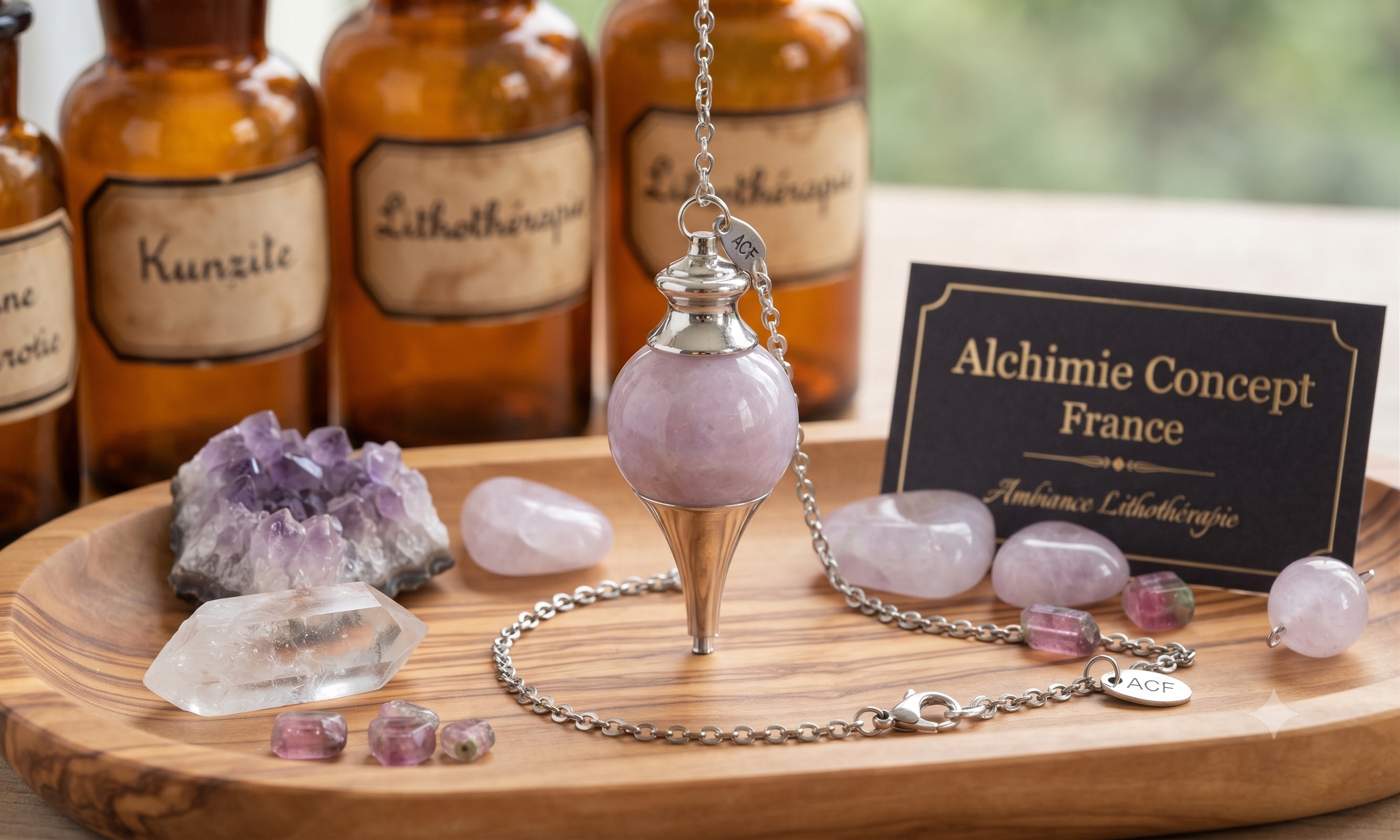 ✨ Pendule Sphère Kunzite 4cm – Pierre Naturelle Certifiée | Radiesthésie & Lithothérapie