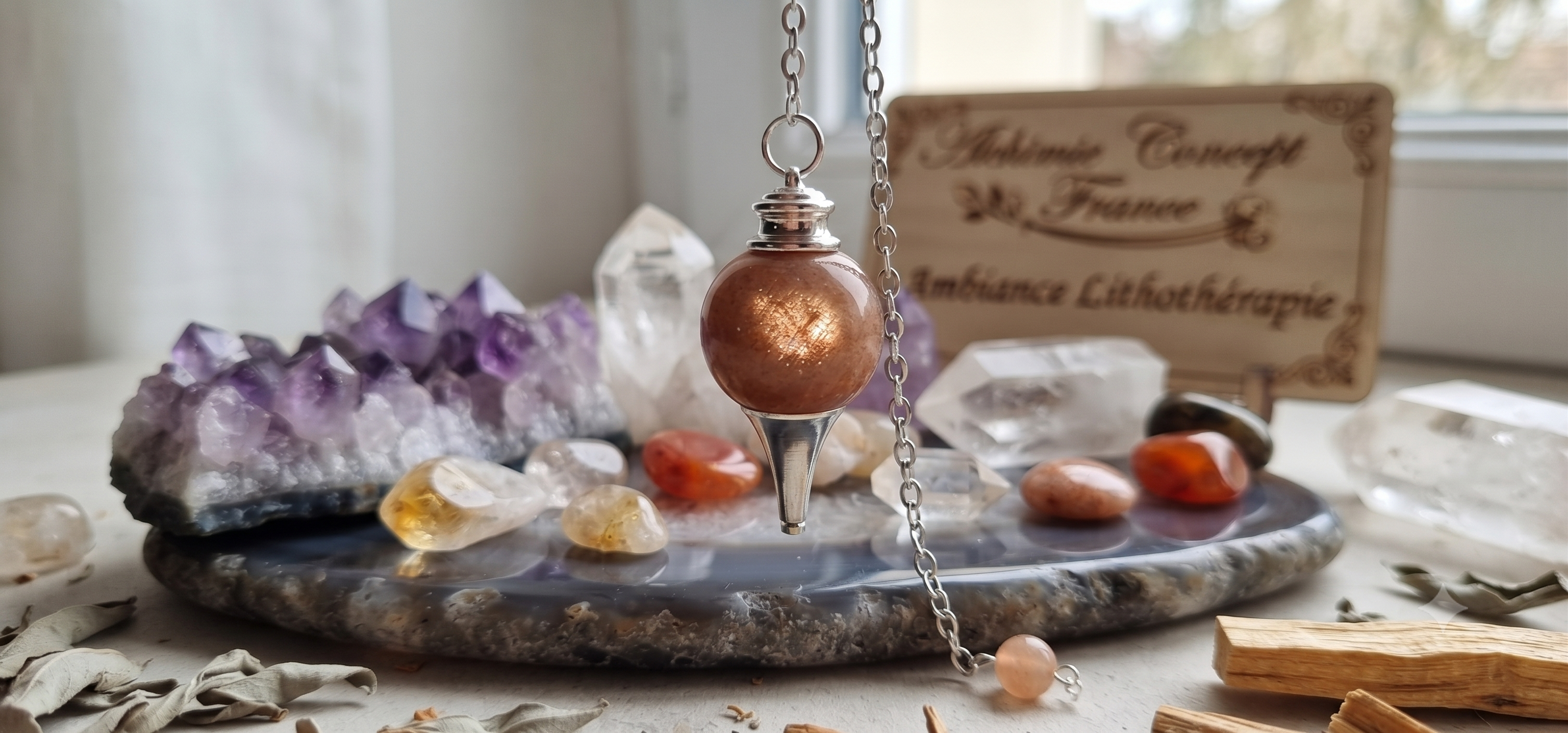 ✨ Pendule Sphère Pierre de Soleil 4cm – Pierre Naturelle Certifiée | Radiesthésie & Lithothérapie