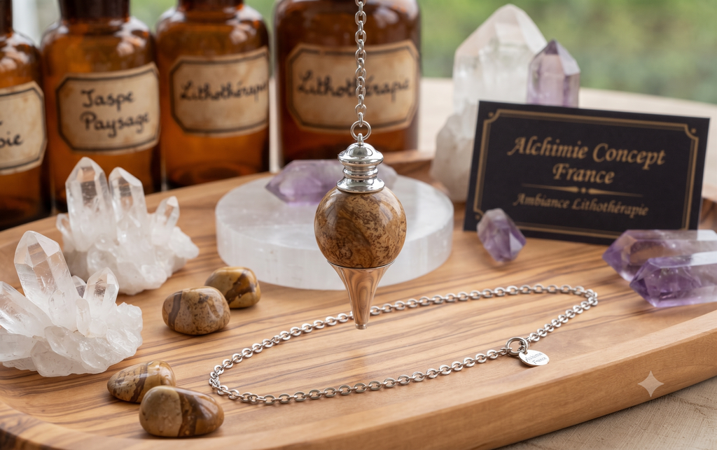 ✨ Pendule Sphère Jaspe Paysage 4cm – Pierre Naturelle Certifiée | Radiesthésie & Lithothérapie
