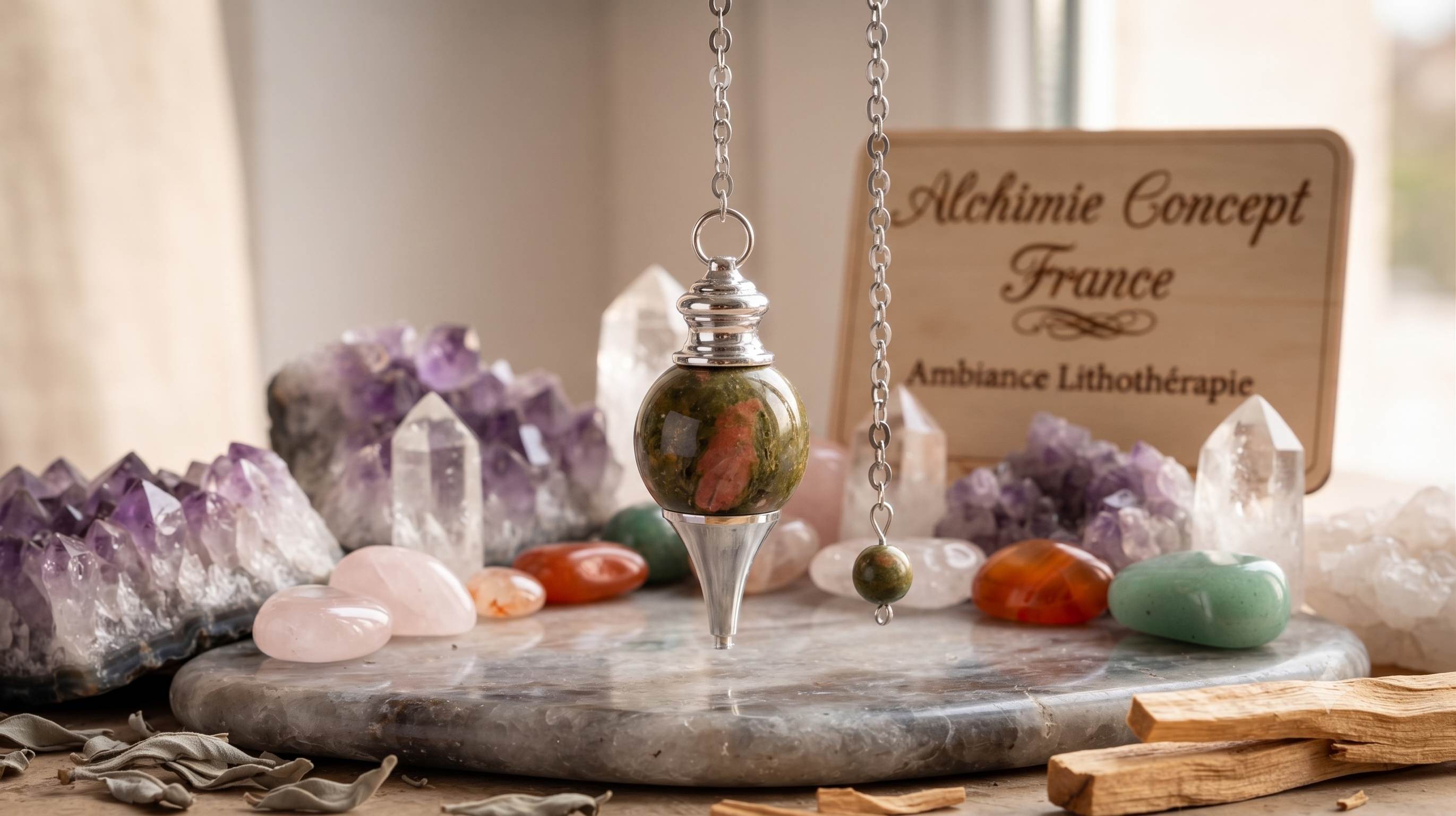 ✨ Pendule Sphère Unakite 4cm – Pierre Naturelle Certifiée | Radiesthésie & Lithothérapie
