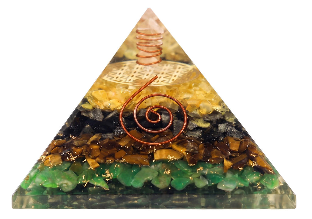 Pyramide Orgonite ‘Santé & Protection’ 6cm – Aventurine Verte, Œil de Tigre & Fleur de Vie