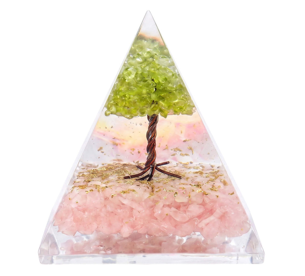 Pyramide Orgonite ‘Stabilité & Amour’ 8cm – Quartz Rose & Péridot