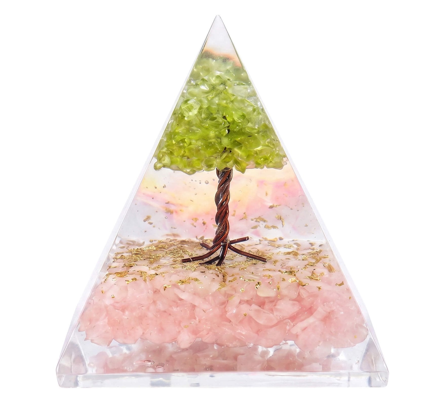 Pyramide Orgonite ‘Stabilité & Amour’ 8cm – Quartz Rose & Péridot