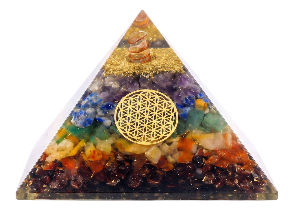 Pyramide Orgonite ‘Équilibre & Harmonie’ 6cm – 7 Chakras & Fleur de Vie