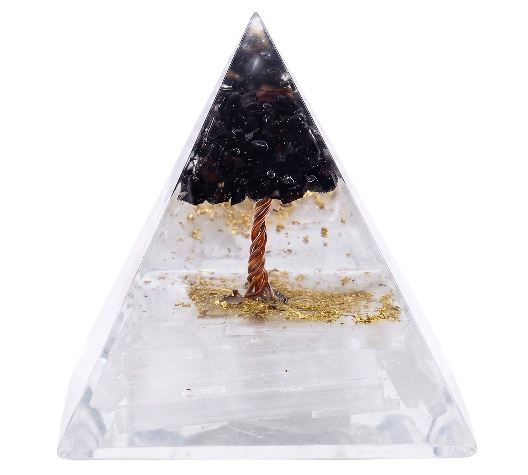 Pyramide Orgonite ‘Réussite au Travail’ 8cm – Sélénite & Tourmaline Noire