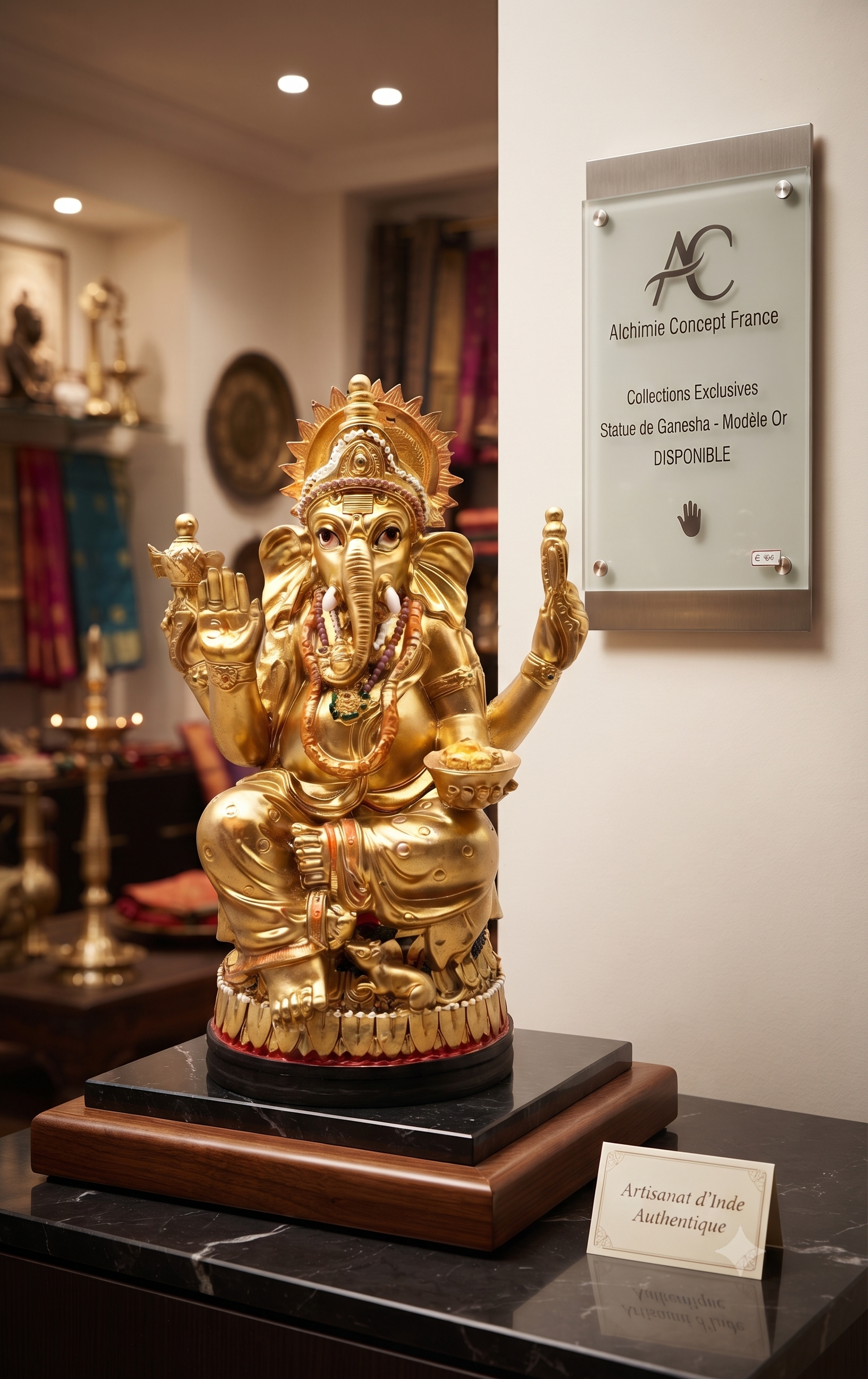 ✨ Statue Ganesh Doré sur Socle Résine 18 cm – Prospérité, Abondance & Présence Divine