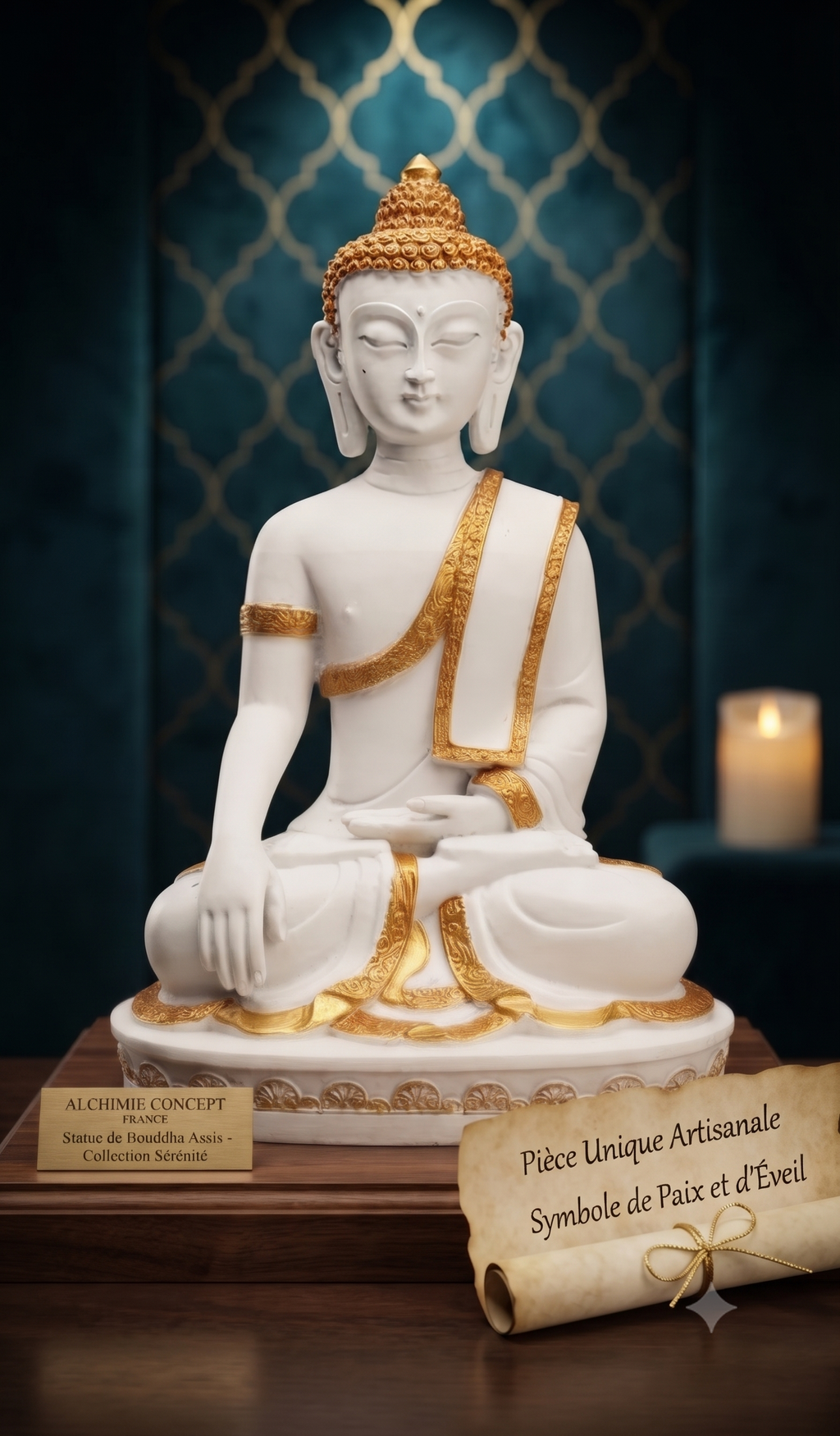 ✨ Statue Bouddha Méditation Résine Blanc et Or 28cm – Figurine Zen Luxe | Décoration Porte-Bonheur