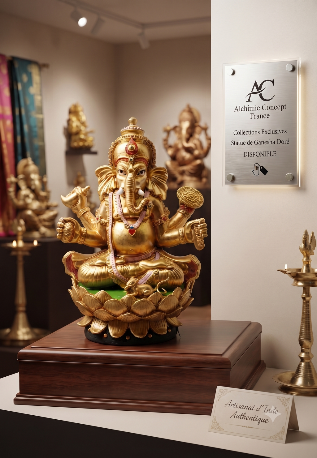 ✨ Statue Ganesh Doré sur Socle Résine 17 cm – Chance, Sagesse & Énergie Divine