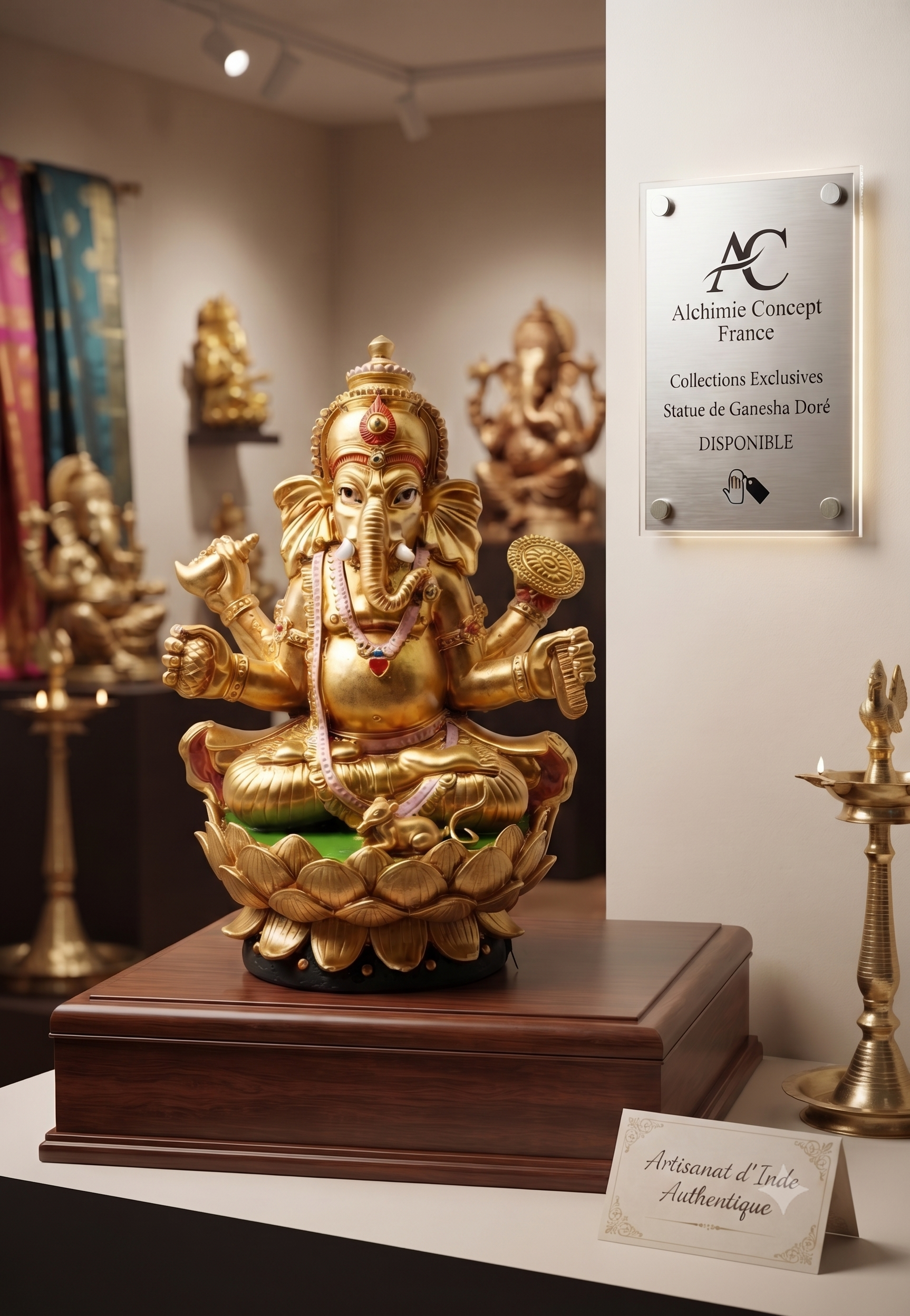 ✨ Statue Ganesh Doré sur Socle Résine 17 cm – Chance, Sagesse & Énergie Divine
