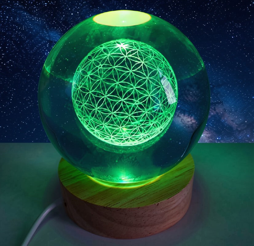 Veilleuse USB Verre Fleur de Vie Multicolore – Gravure Intérieure Lumière Changeante 9cm | Géométrie Sacrée