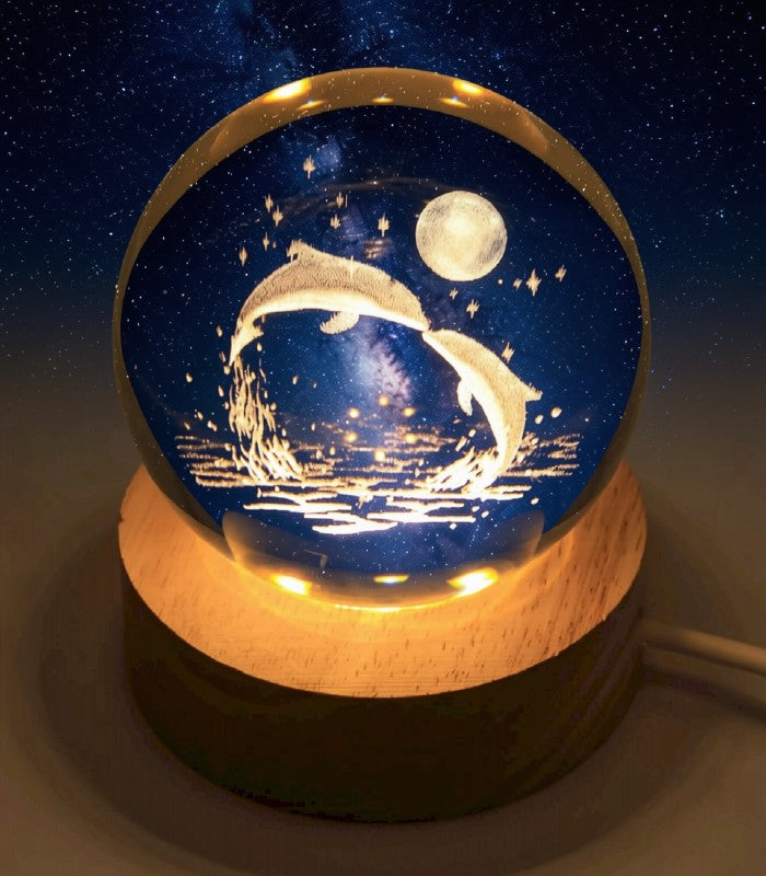 Veilleuse USB Verre Dauphin – Gravure Intérieure Lumière Jaune 6cm | Décoration Marine