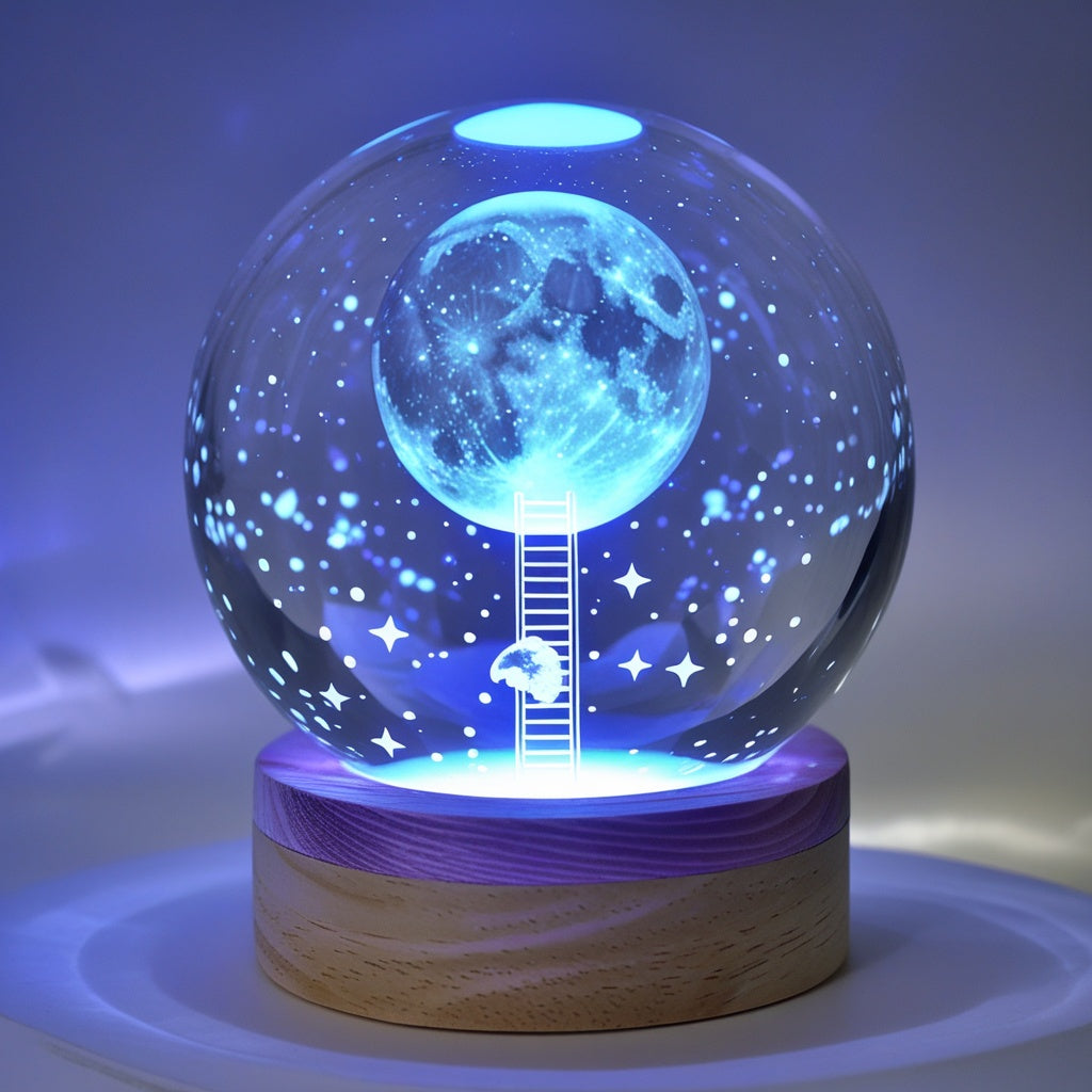 Veilleuse USB Verre Gravé Escapade Lunaire – Lumière LED Multicolore 9cm | Décoration Lune