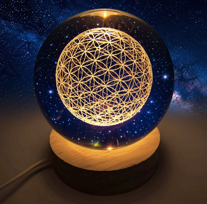 Veilleuse USB Verre Fleur de Vie 9cm – Géométrie Sacrée, Lumière Jaune & Gravure Intérieure
