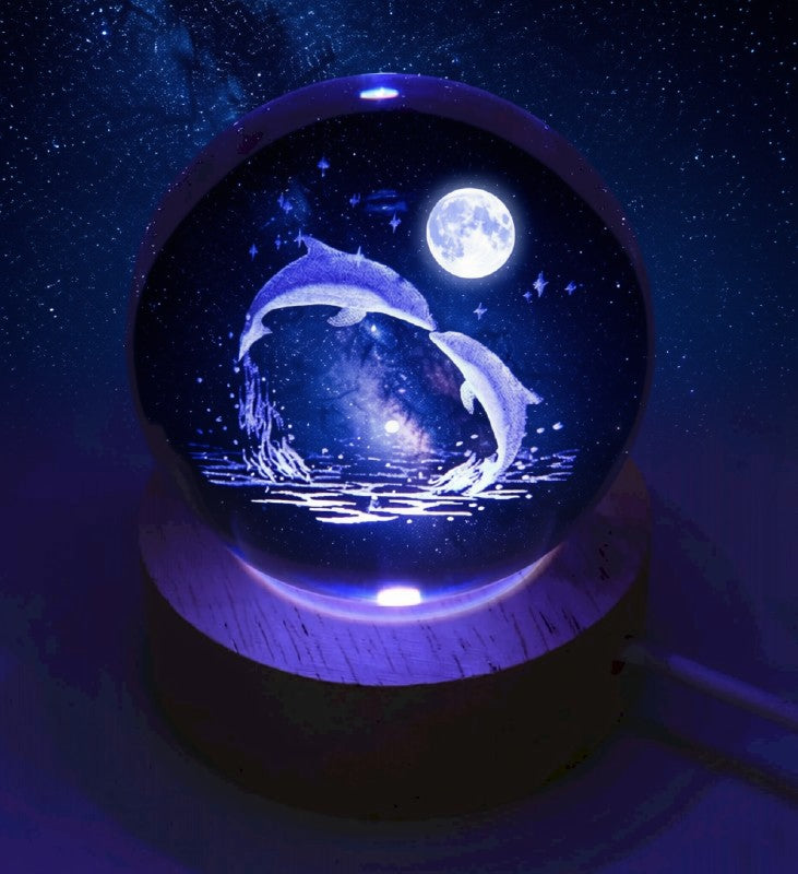 Veilleuse USB Verre Dauphin Multicolore – Gravure Intérieure Lumière Changeante 6cm | Décoration Marine